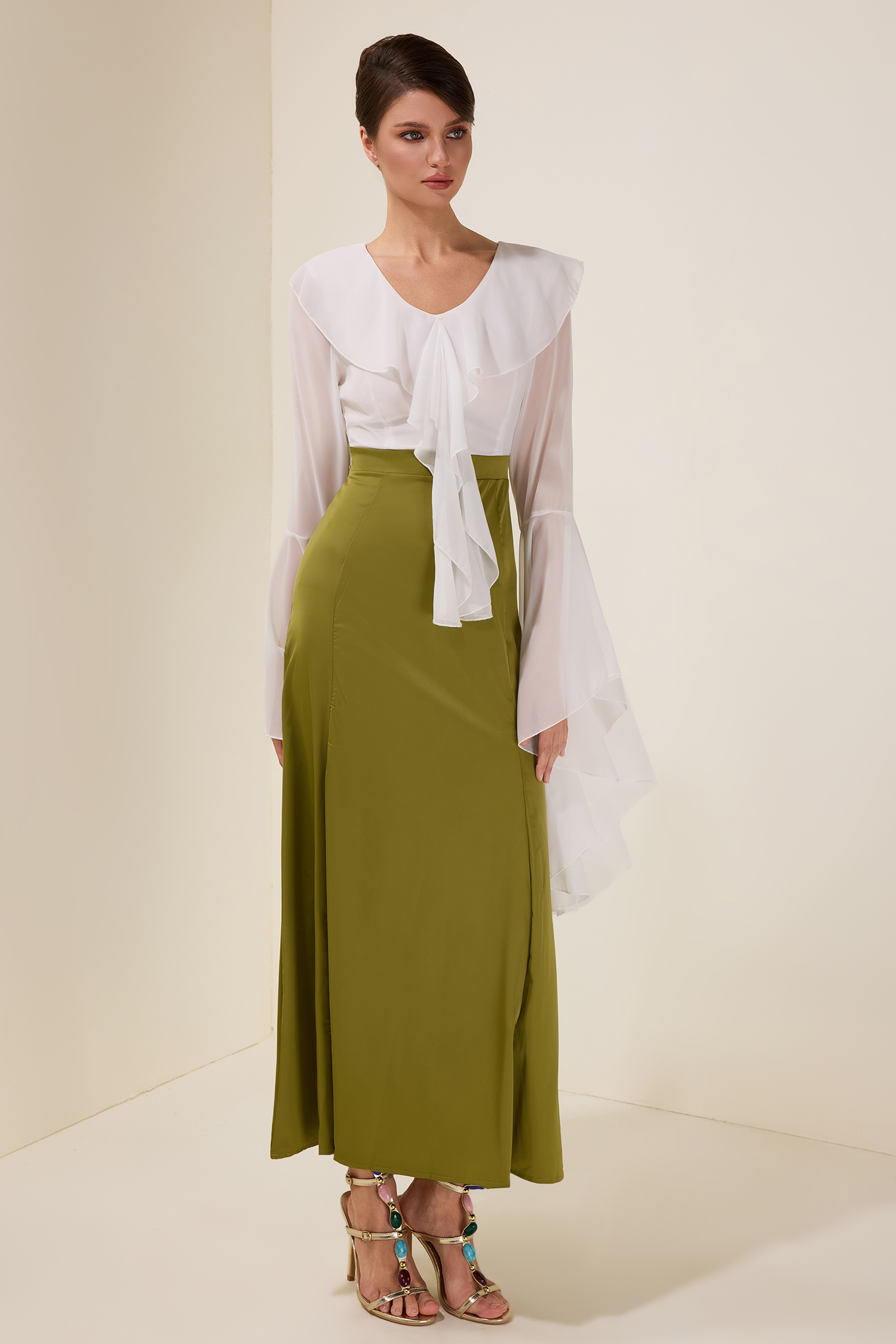 Chiffon Splicing Satin Ruffle Midi Dress