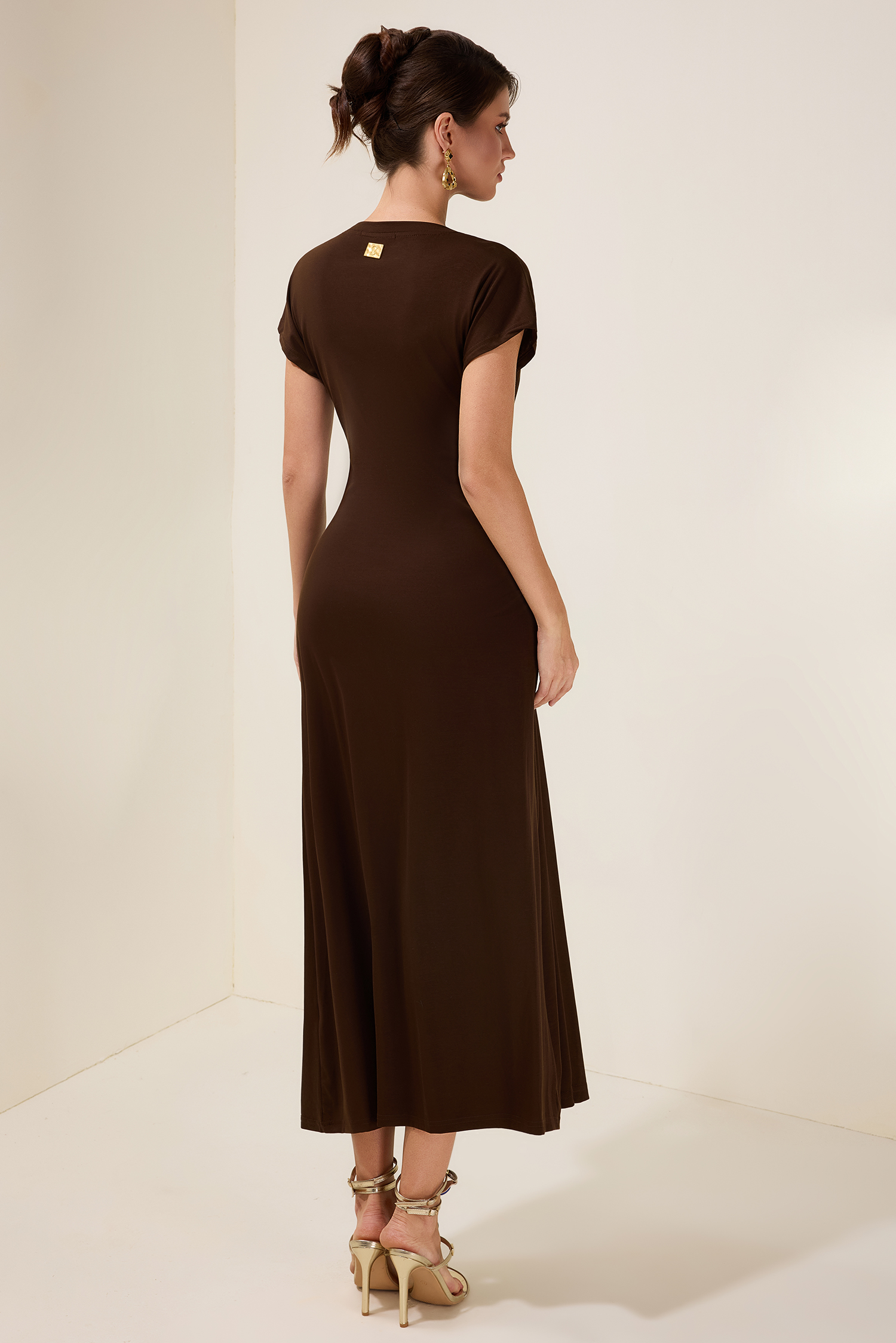 Jersey Gathering Metal Button Midi Dress