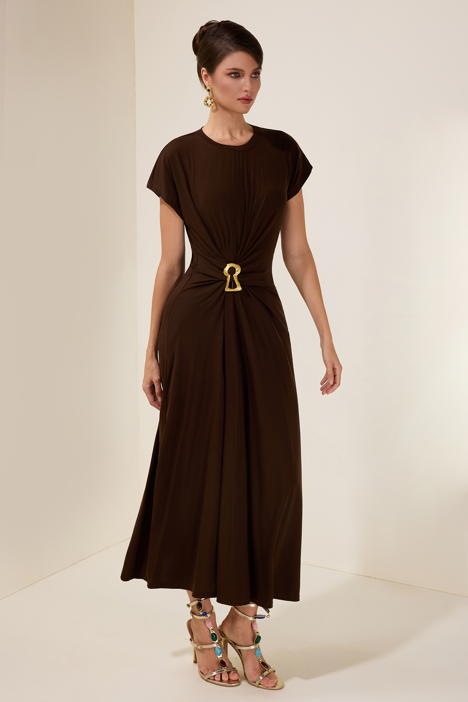 Jersey Gathering Metal Button Midi Dress