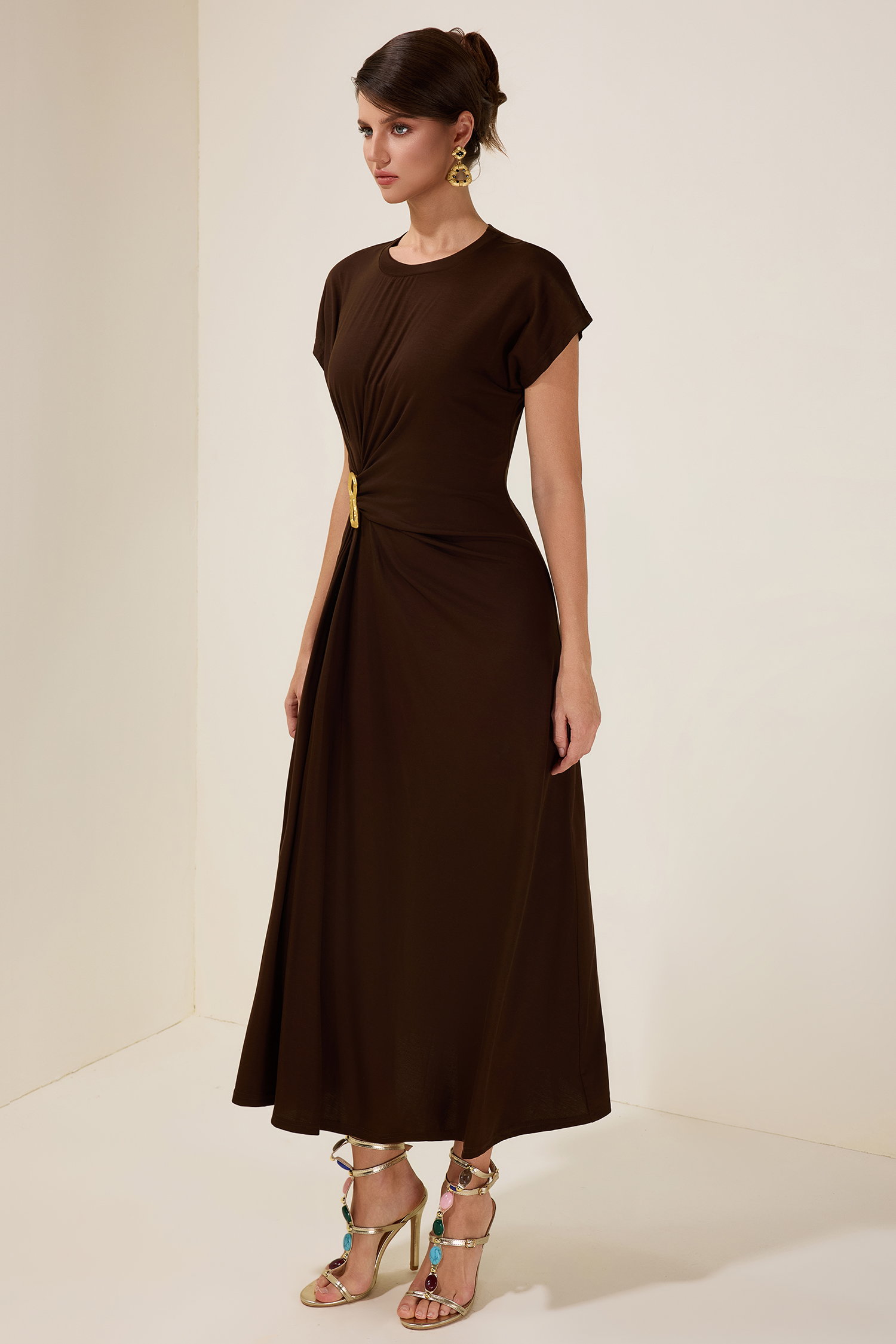 Jersey Gathering Metal Button Midi Dress