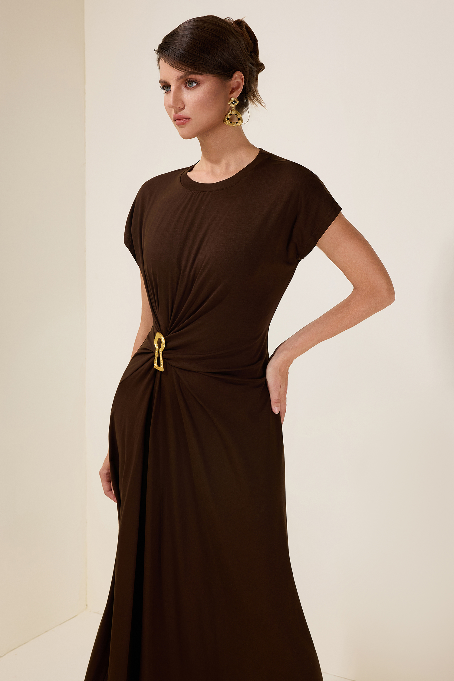 Jersey Gathering Metal Button Midi Dress