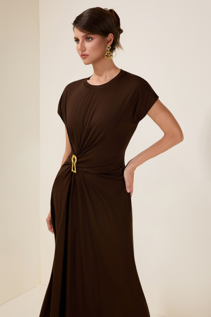 Jersey Gathering Metal Button Midi Dress