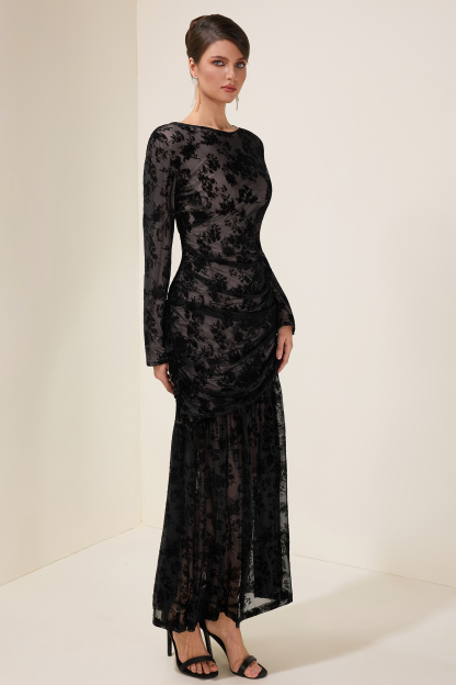 Lace Round Neck Gathering Midi Dress