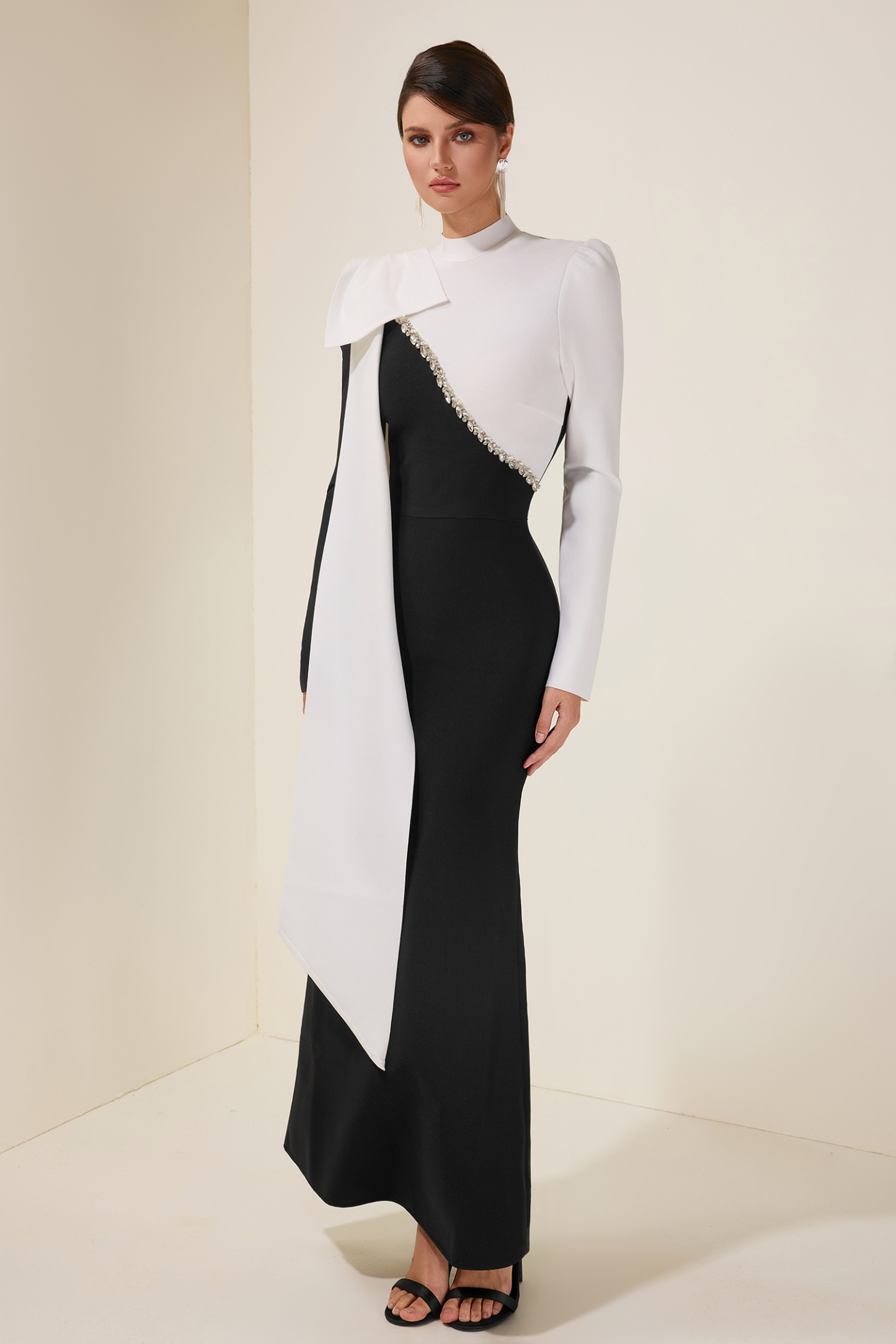 Rhinestone Contrast Color Bow Midi Dress