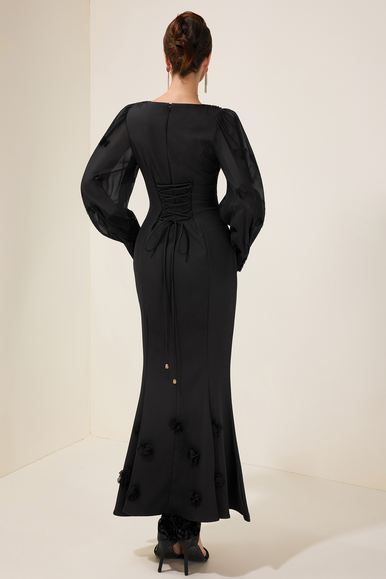 3D Flower Square Collar Lantern Sleeve Maxi Dress