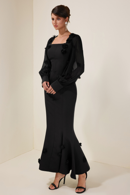 3D Flower Square Collar Lantern Sleeve Maxi Dress