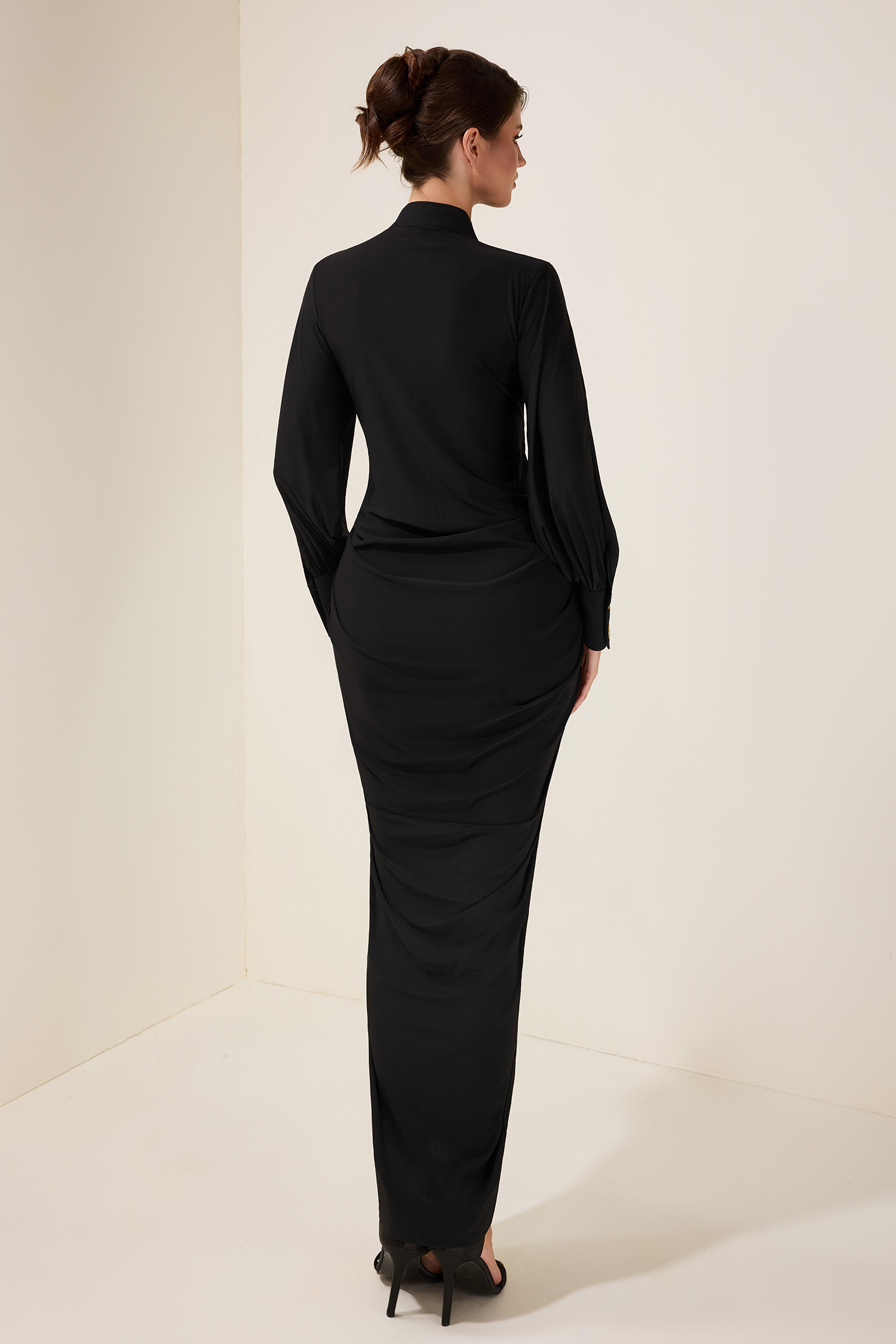 Metal Button Gathering Long Sleeve Midi Dress