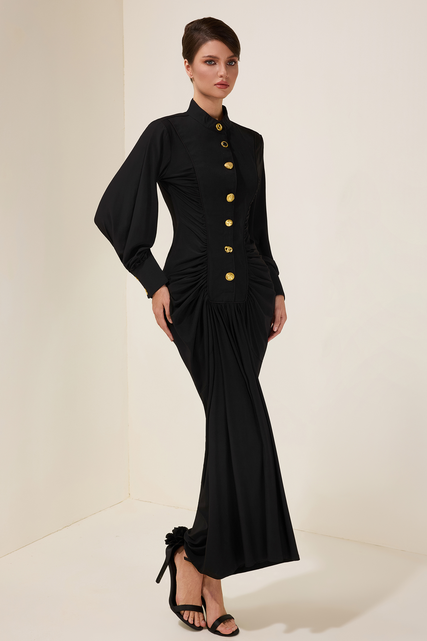 Metal Button Gathering Long Sleeve Midi Dress