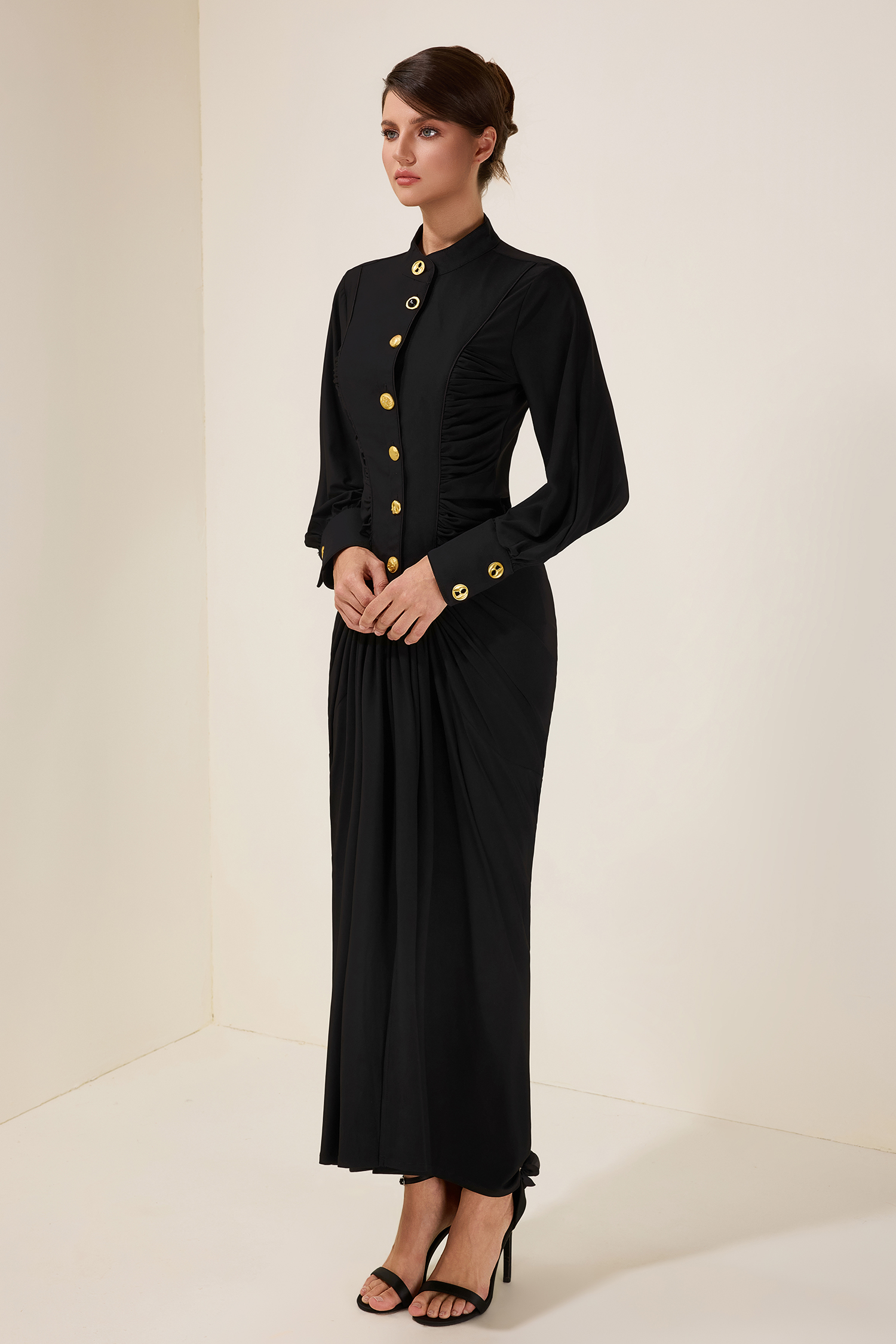 Metal Button Gathering Long Sleeve Midi Dress