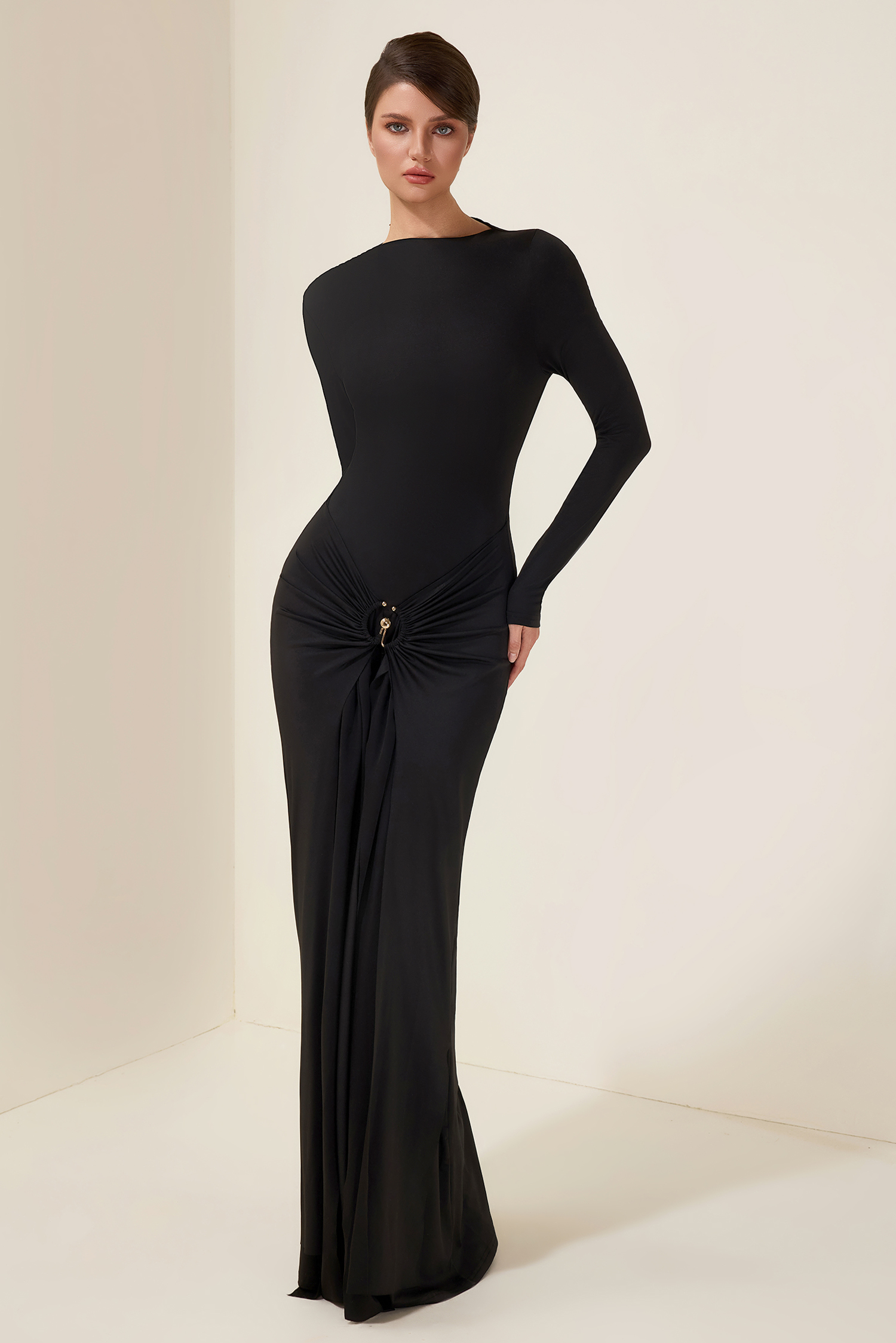 Jersey Knotted Metal Button Maxi Dress