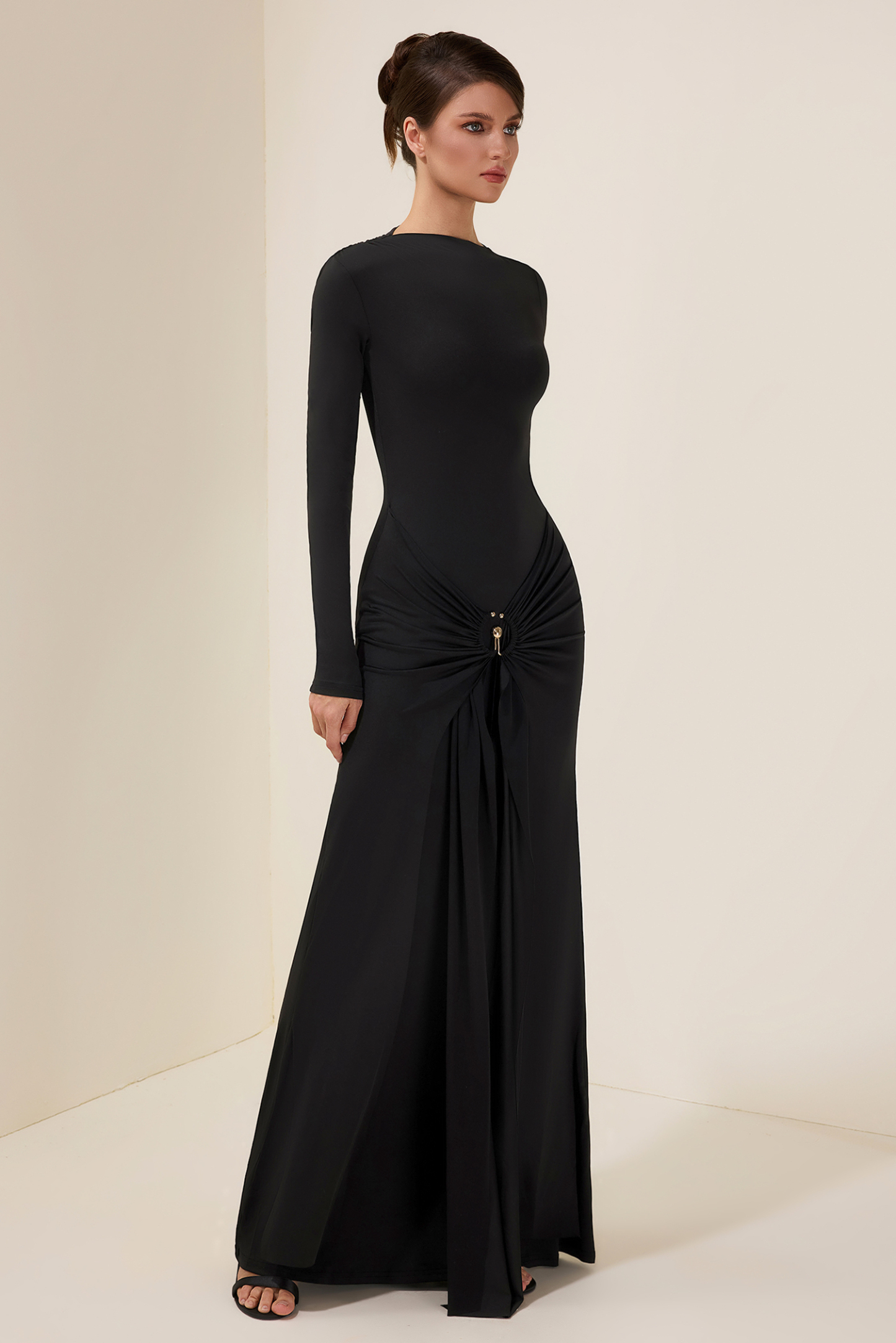 Jersey Knotted Metal Button Maxi Dress
