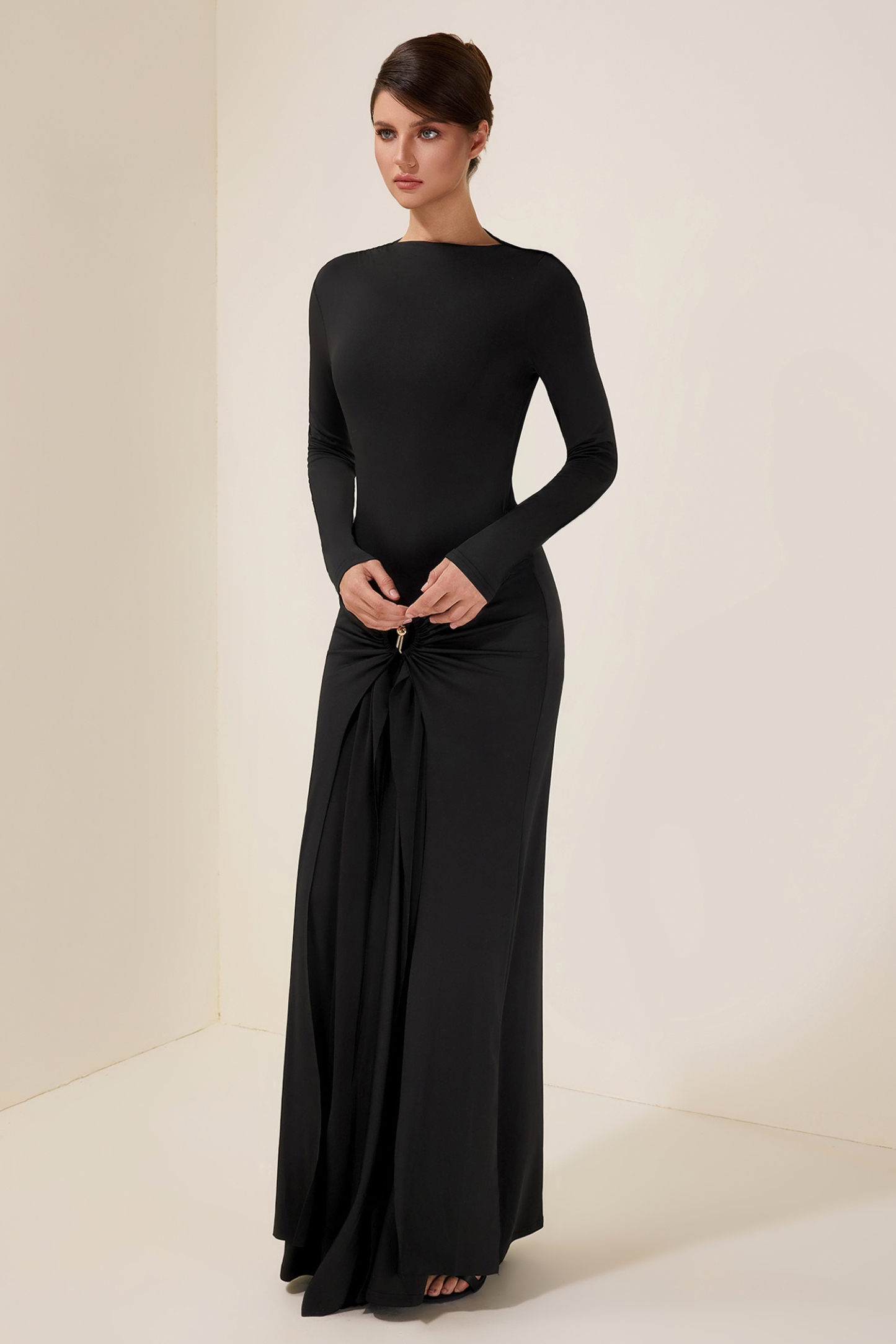 Jersey Knotted Metal Button Maxi Dress