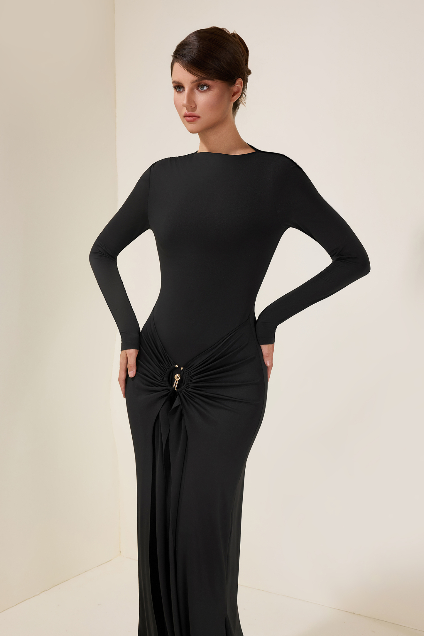 Jersey Knotted Metal Button Maxi Dress