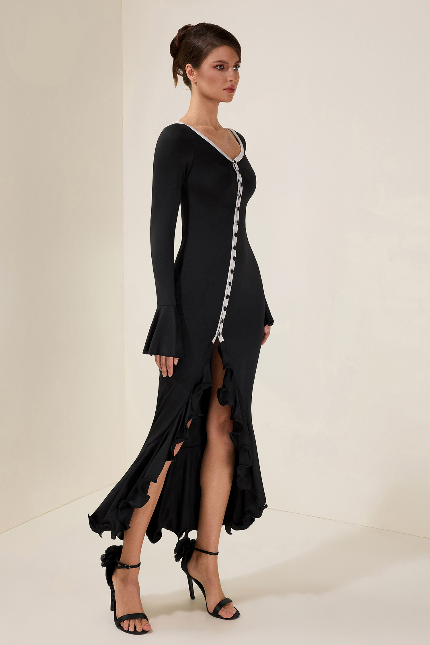 Jersey Single Breasted Ruffle Midi Dress