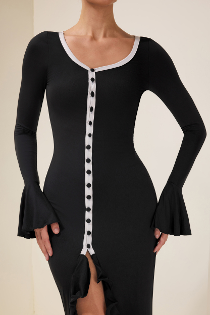 Jersey Single Breasted Ruffle Midi Dress