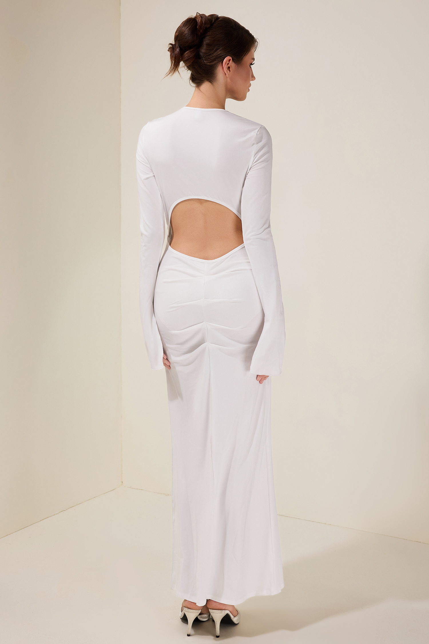 Jersey Gathering Backless Long Sleeve Maxi Dress