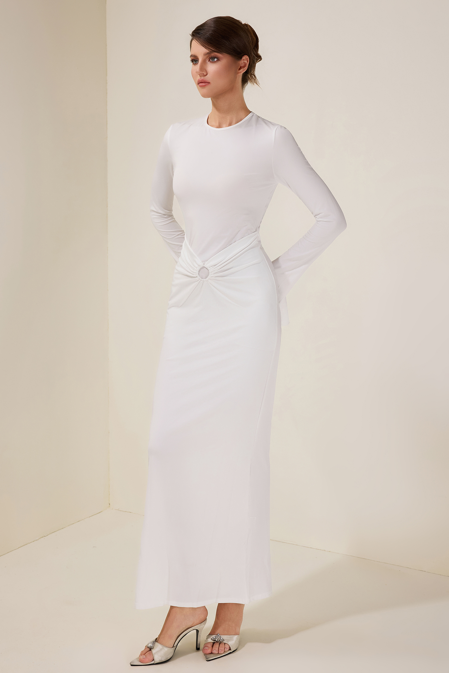 Jersey Gathering Backless Long Sleeve Maxi Dress