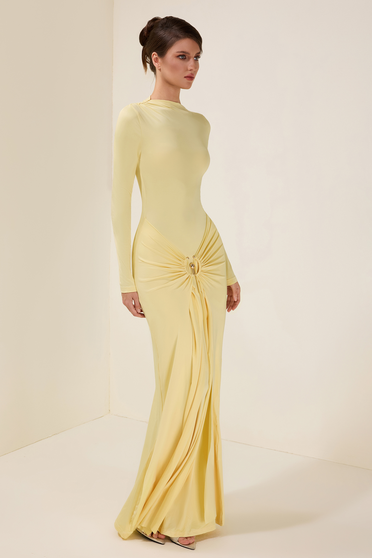 Jersey Knotted Metal Button Maxi Dress