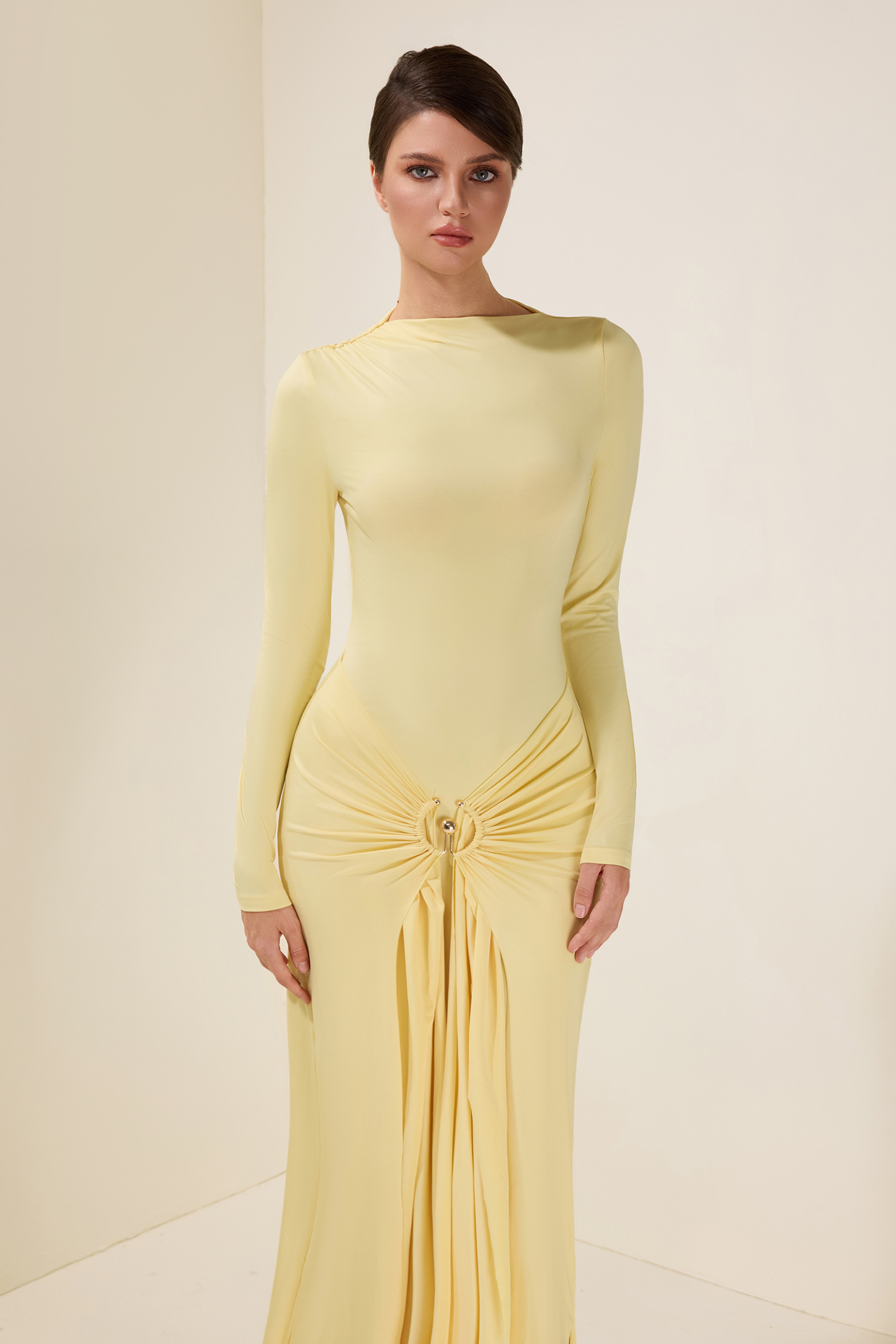 Jersey Knotted Metal Button Maxi Dress
