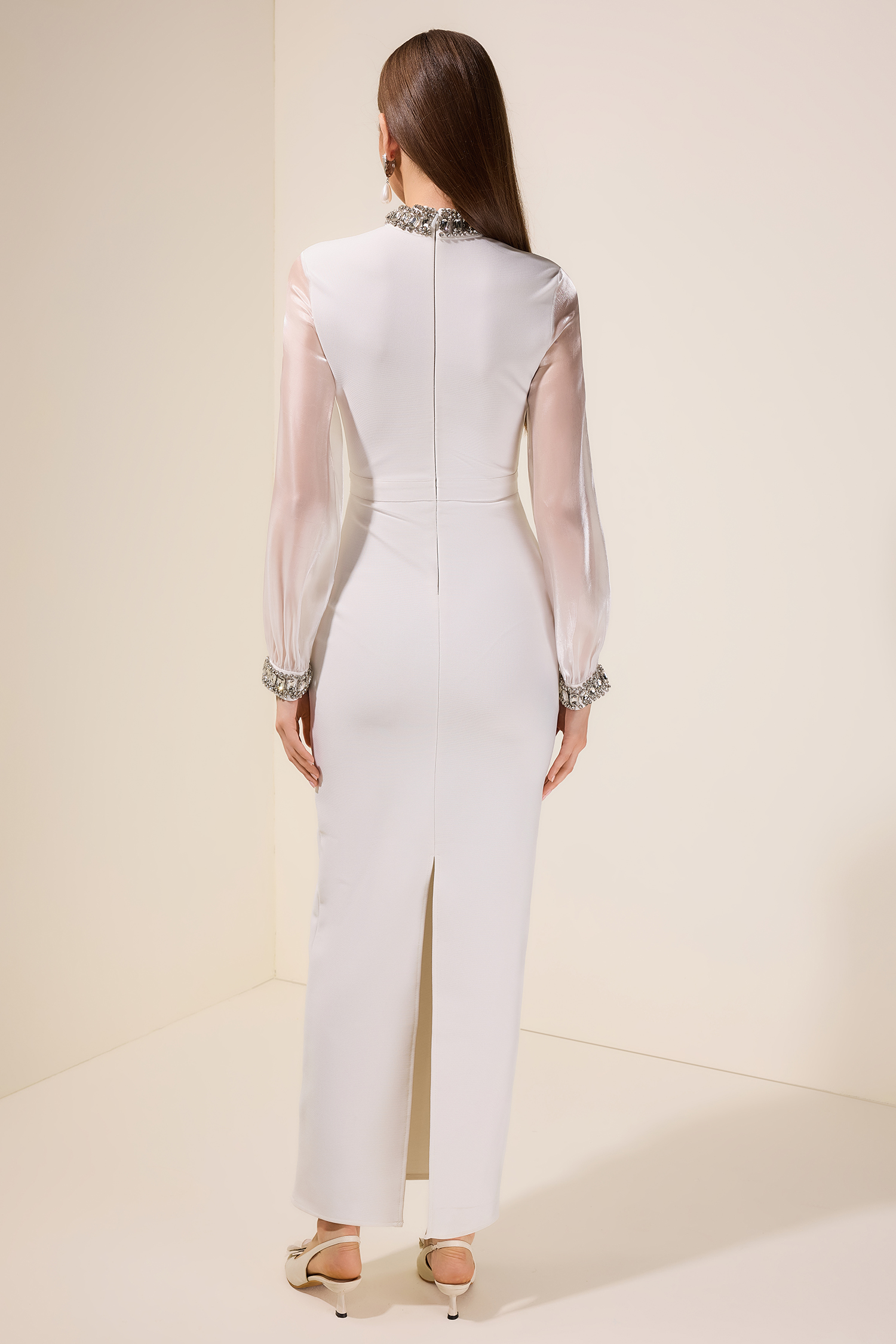 Rhinestone Bandage Splicing Organza Long Sleeve Maxi Dress