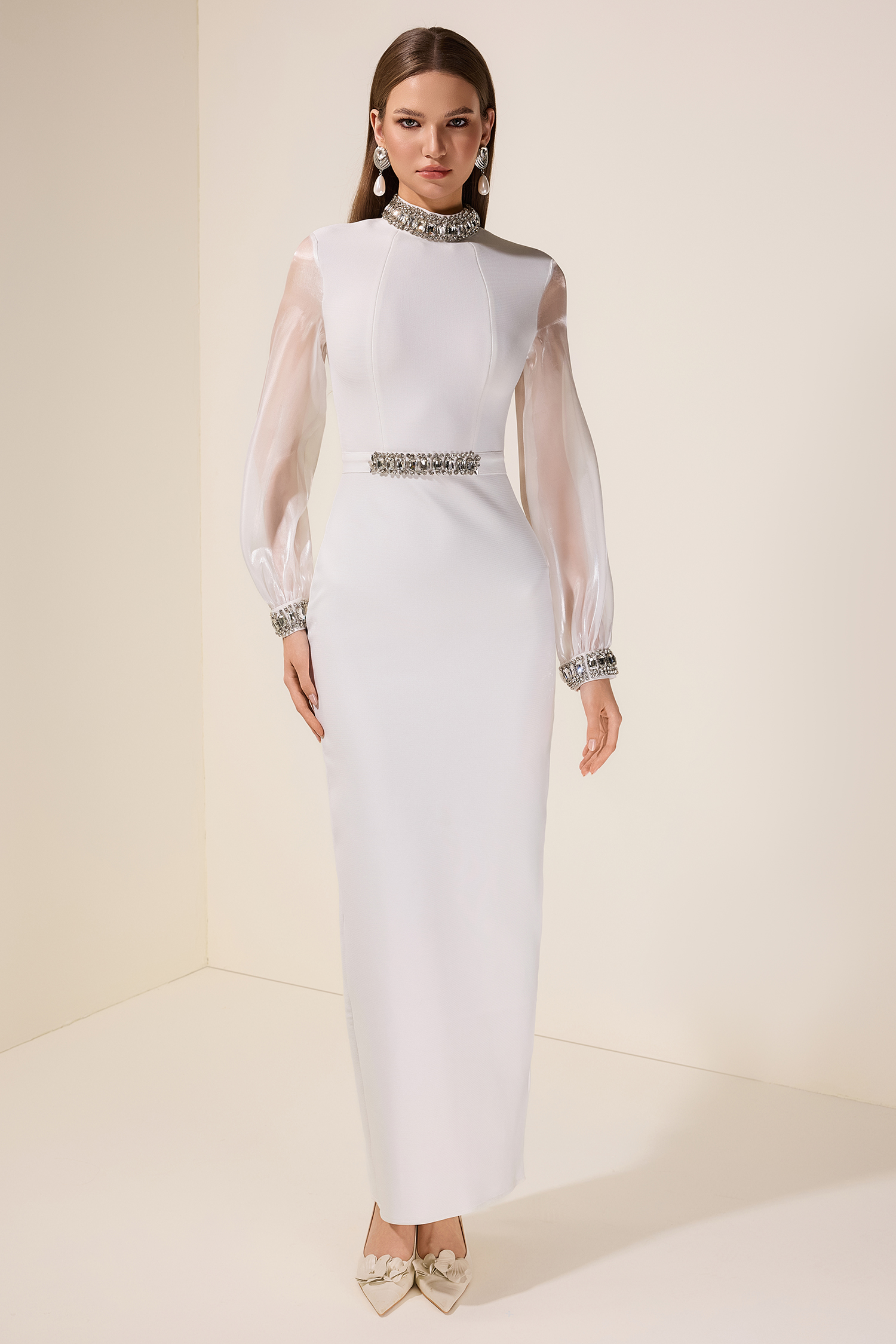 Rhinestone Bandage Splicing Organza Long Sleeve Maxi Dress