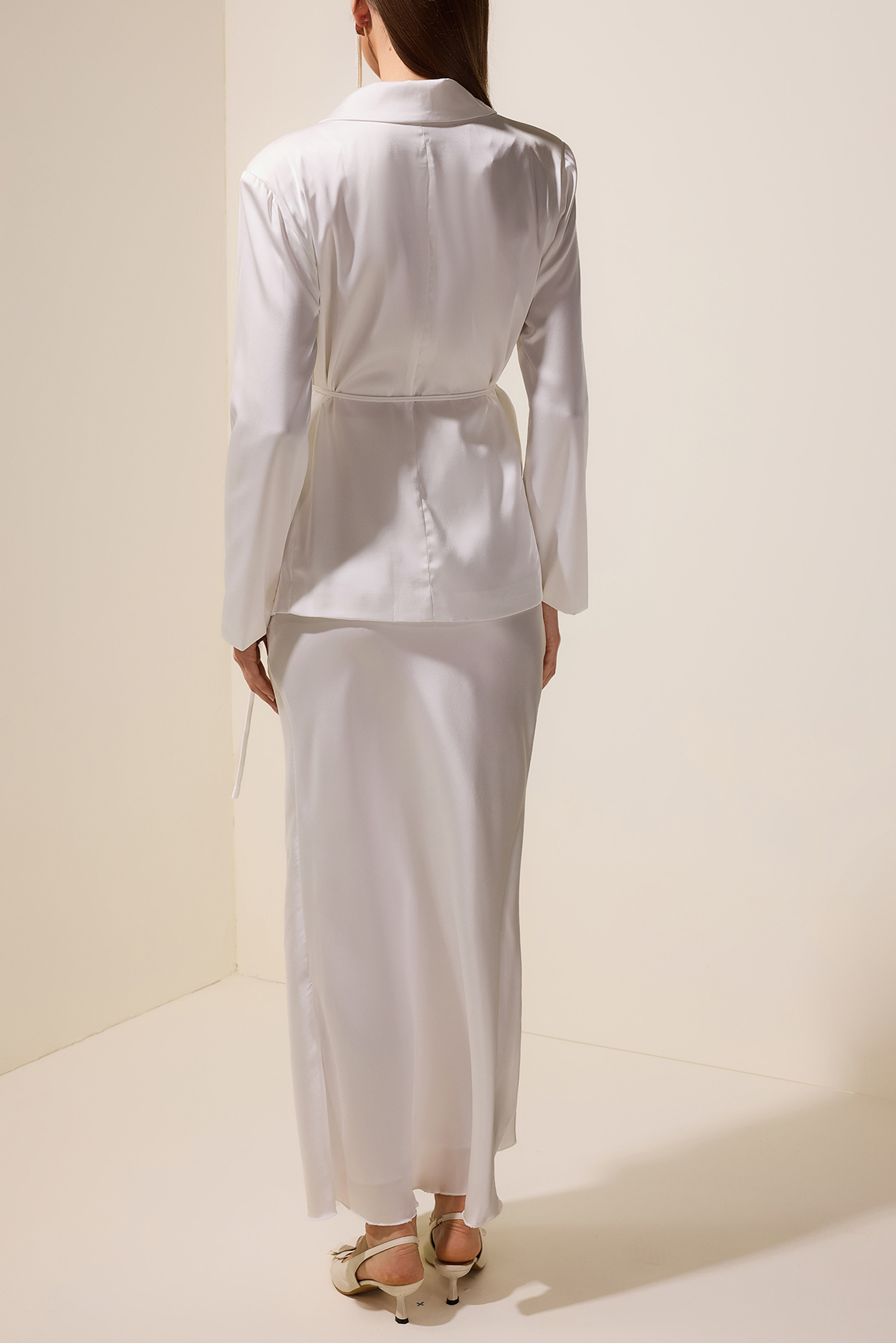 3D Flower Satin Blazer & High Waist Maxi Skirt set