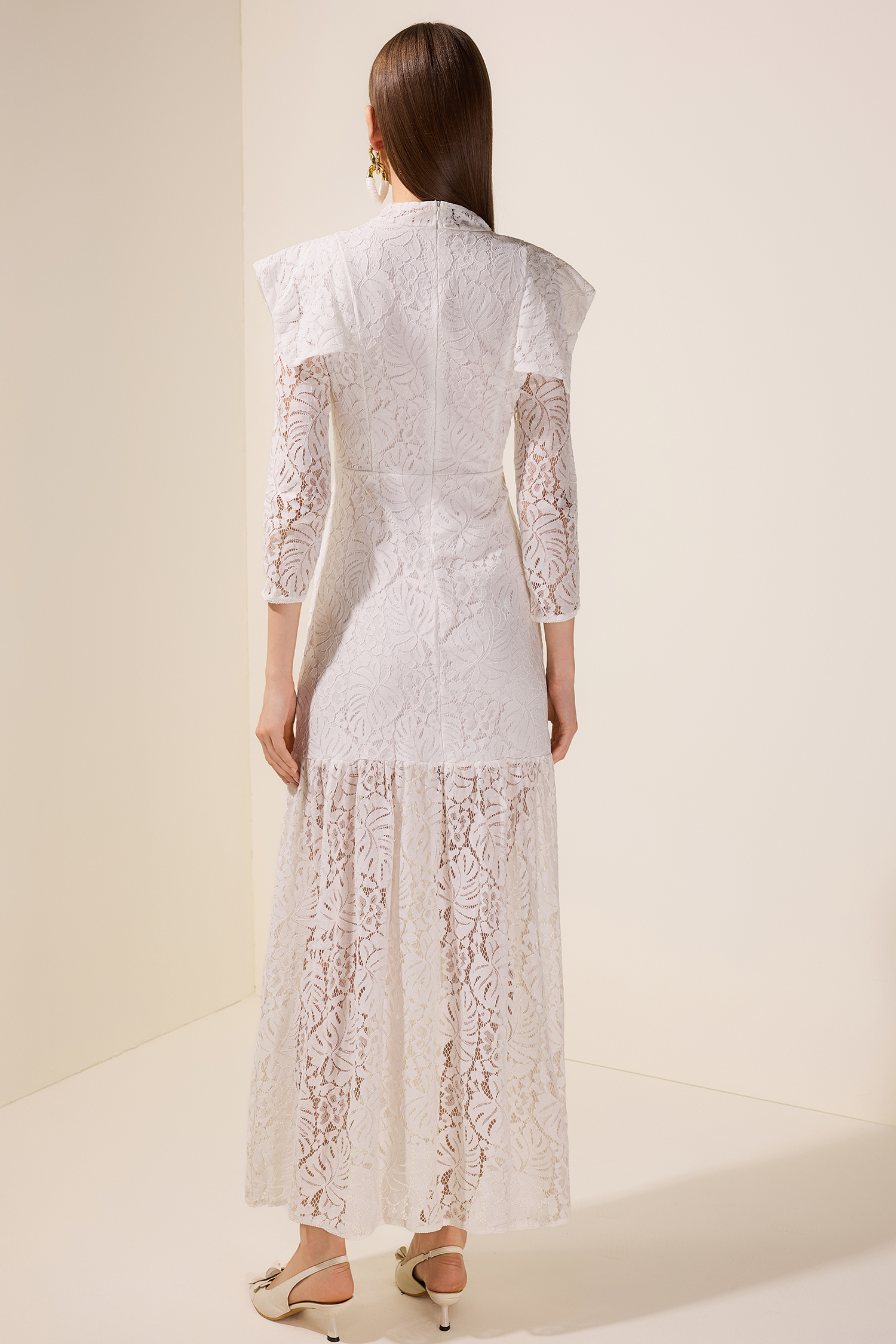 Lace Solid Long Sleeve Midi Dress