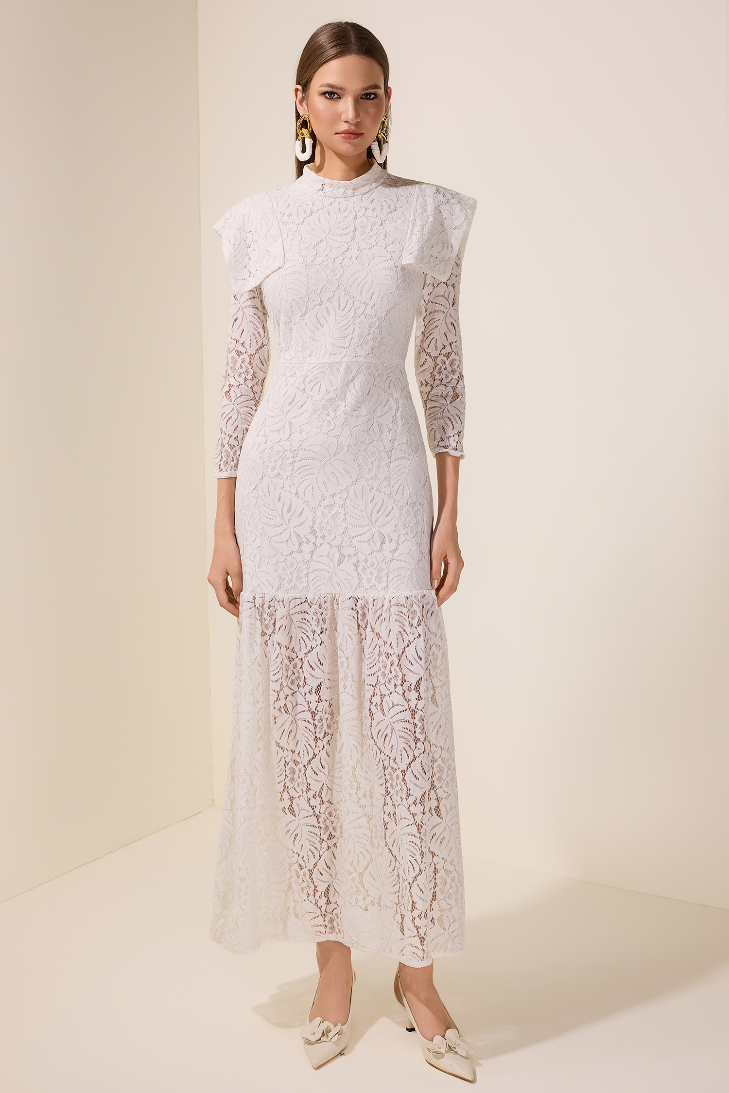 Lace Solid Long Sleeve Midi Dress