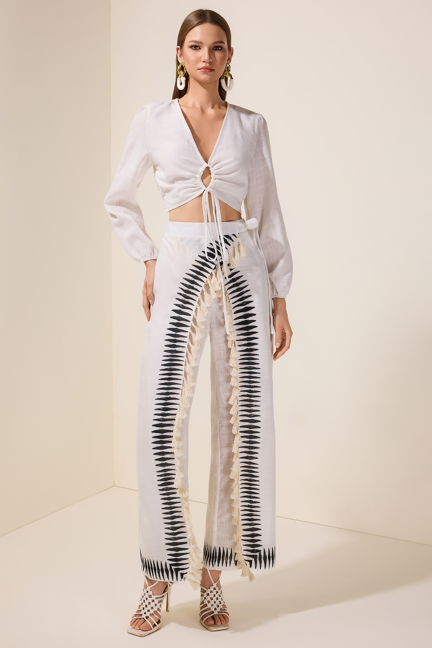 Lace-Up Long Sleeve Top & Tassel High Waist Pants Set