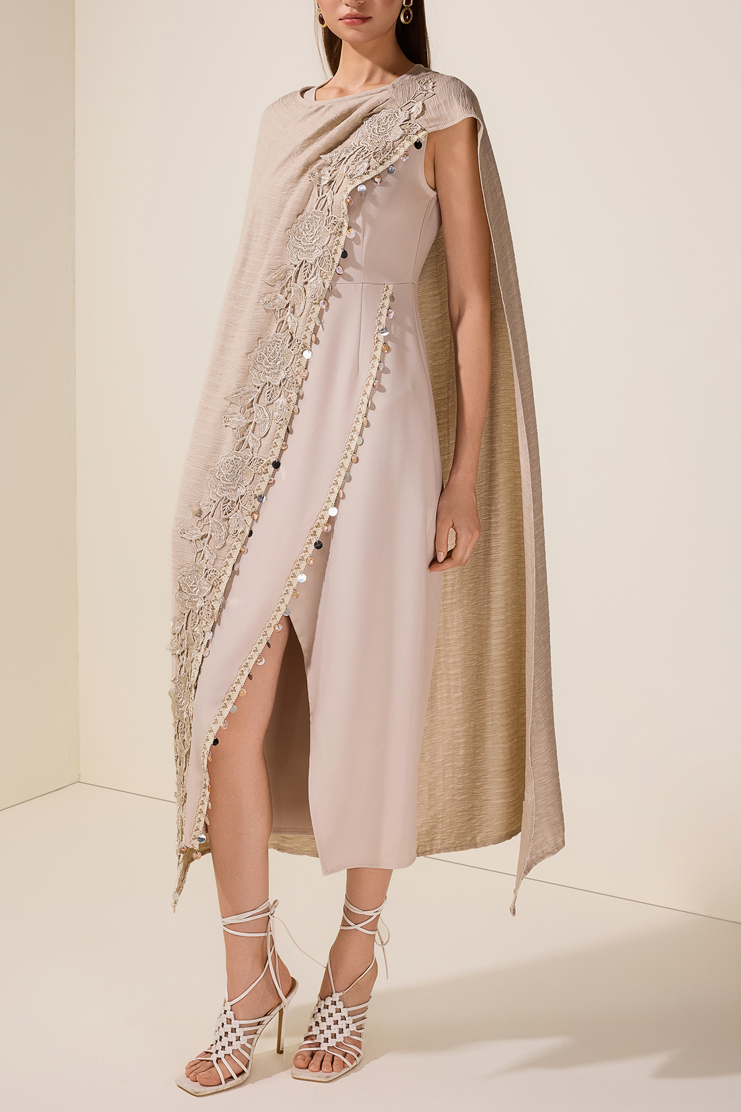 Embroidered Sleeveless Midi Dress With Cape