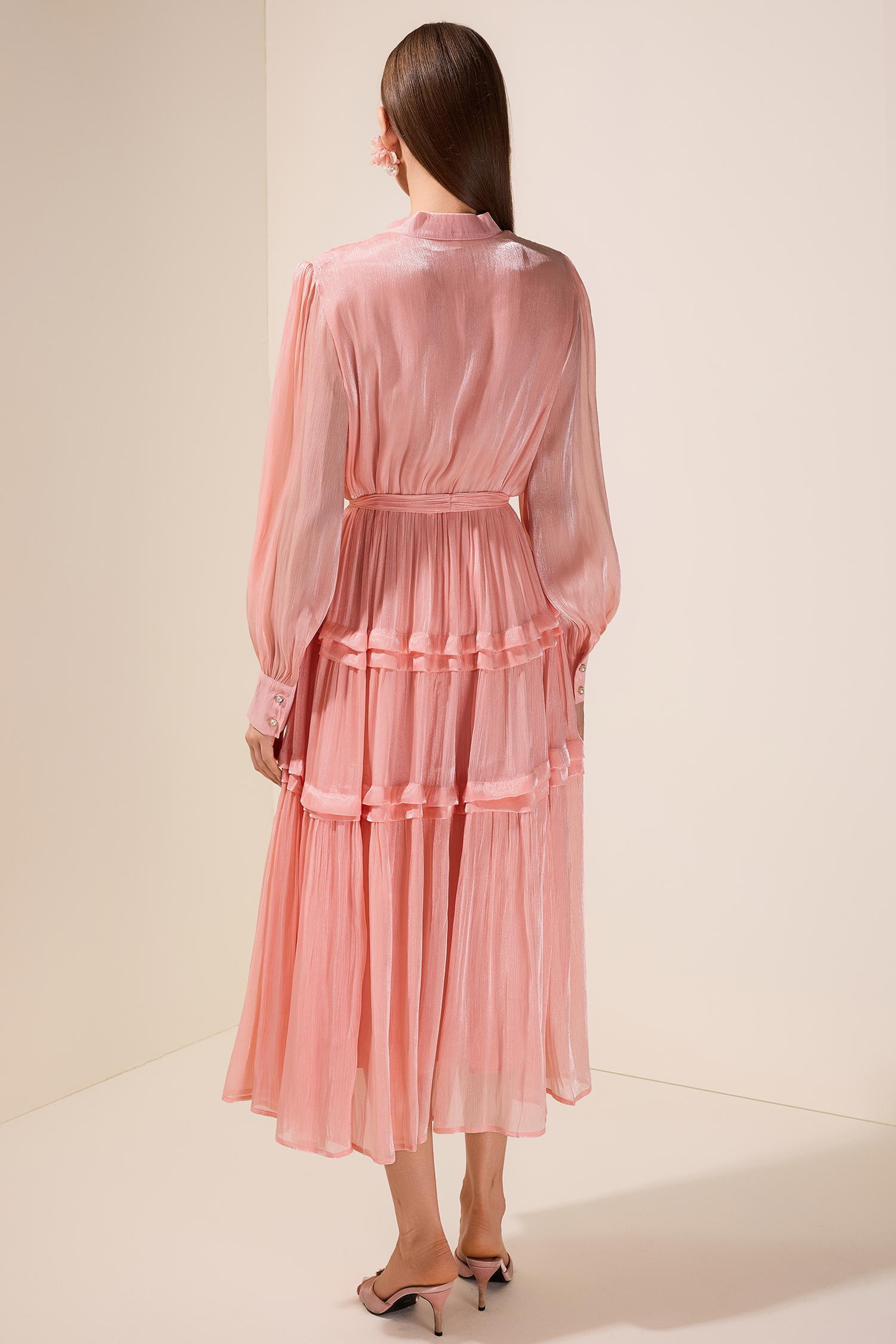 Chiffon Faux Pearl Button Tie-Up Maxi Dress With Belt