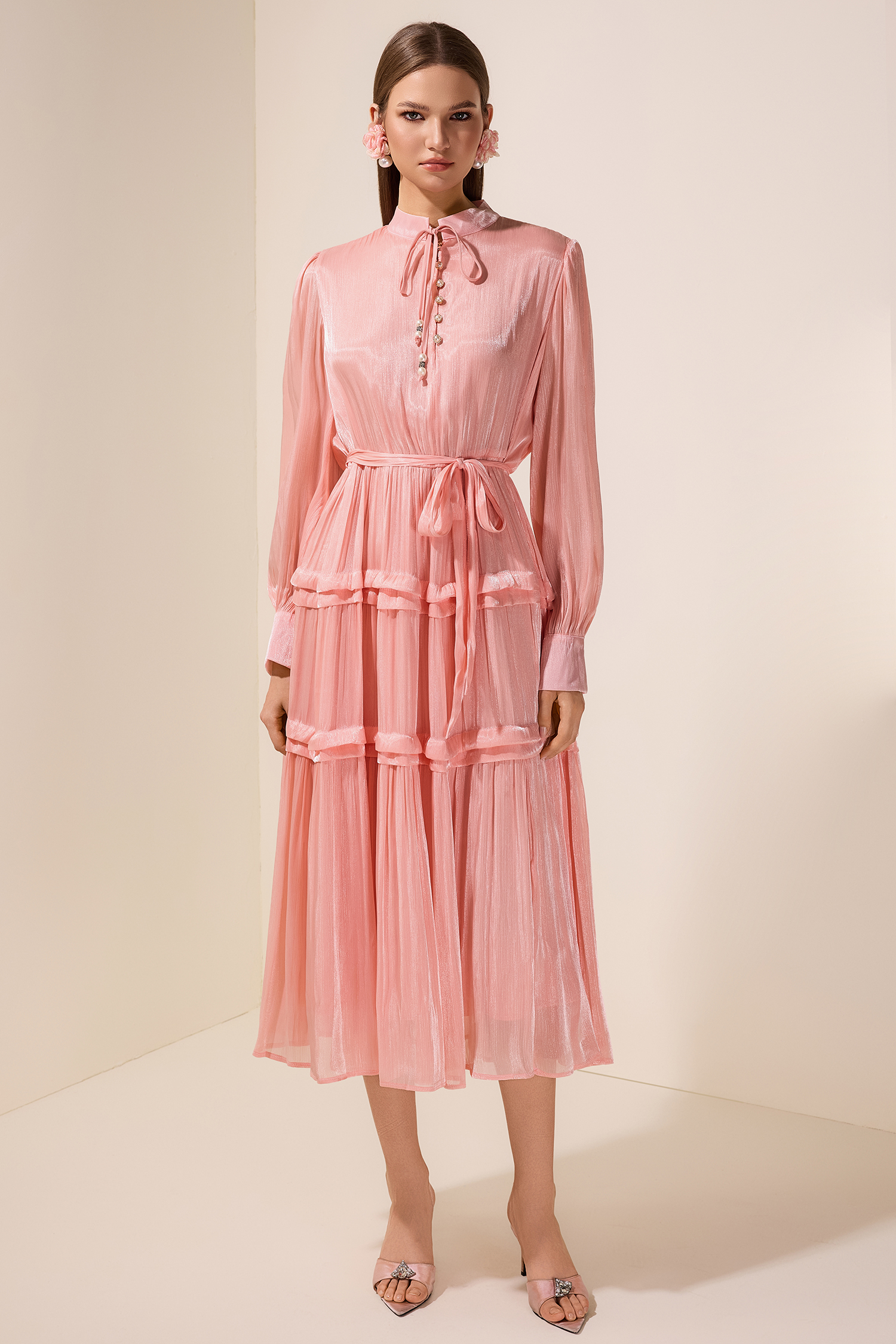 Chiffon Faux Pearl Button Tie-Up Maxi Dress With Belt