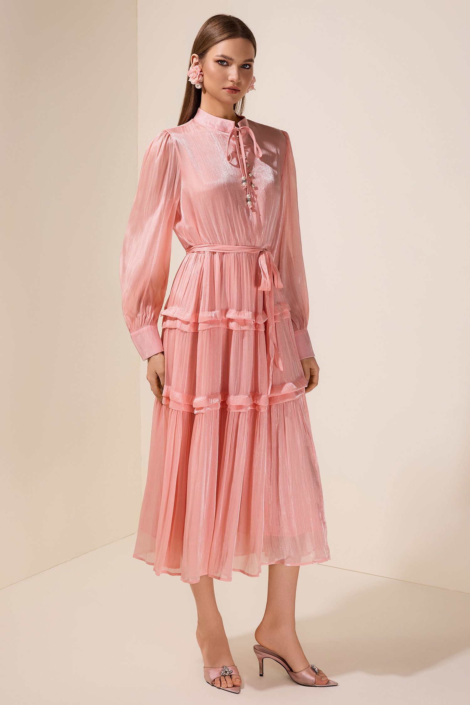 Chiffon Faux Pearl Button Tie-Up Maxi Dress With Belt