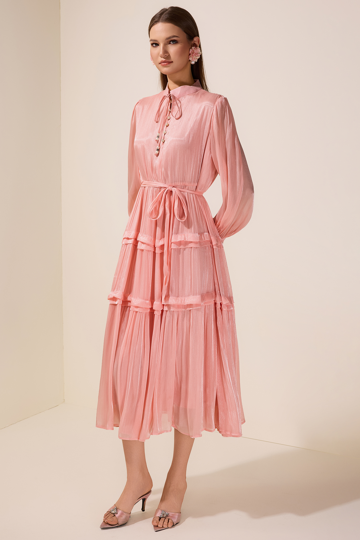 Chiffon Faux Pearl Button Tie-Up Maxi Dress With Belt