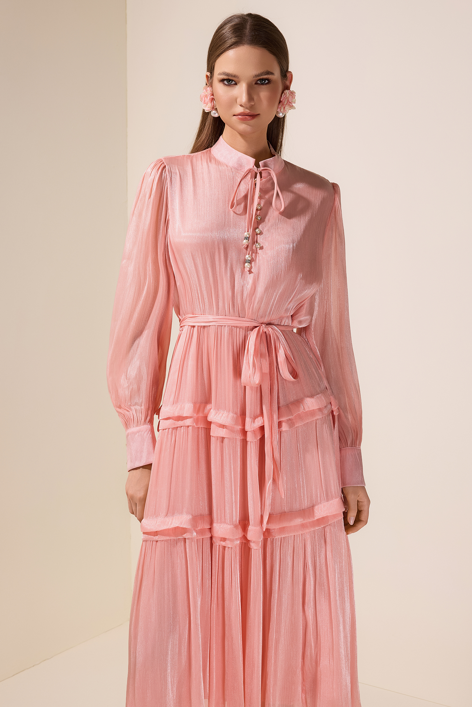 Chiffon Faux Pearl Button Tie-Up Maxi Dress With Belt