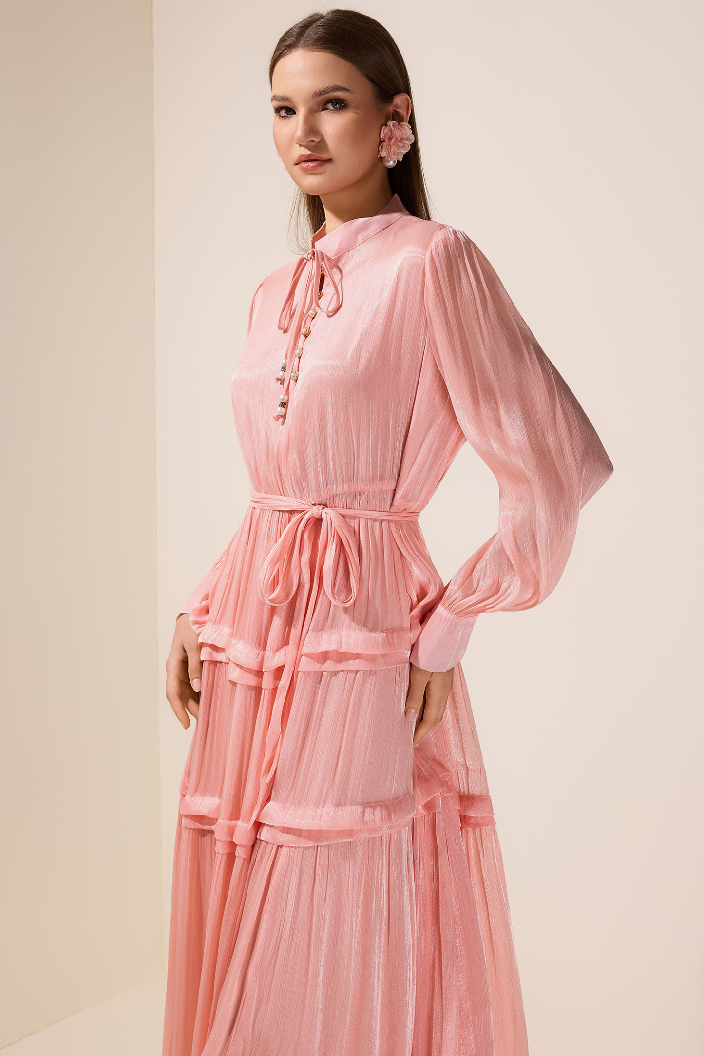 Chiffon Faux Pearl Button Tie-Up Maxi Dress With Belt