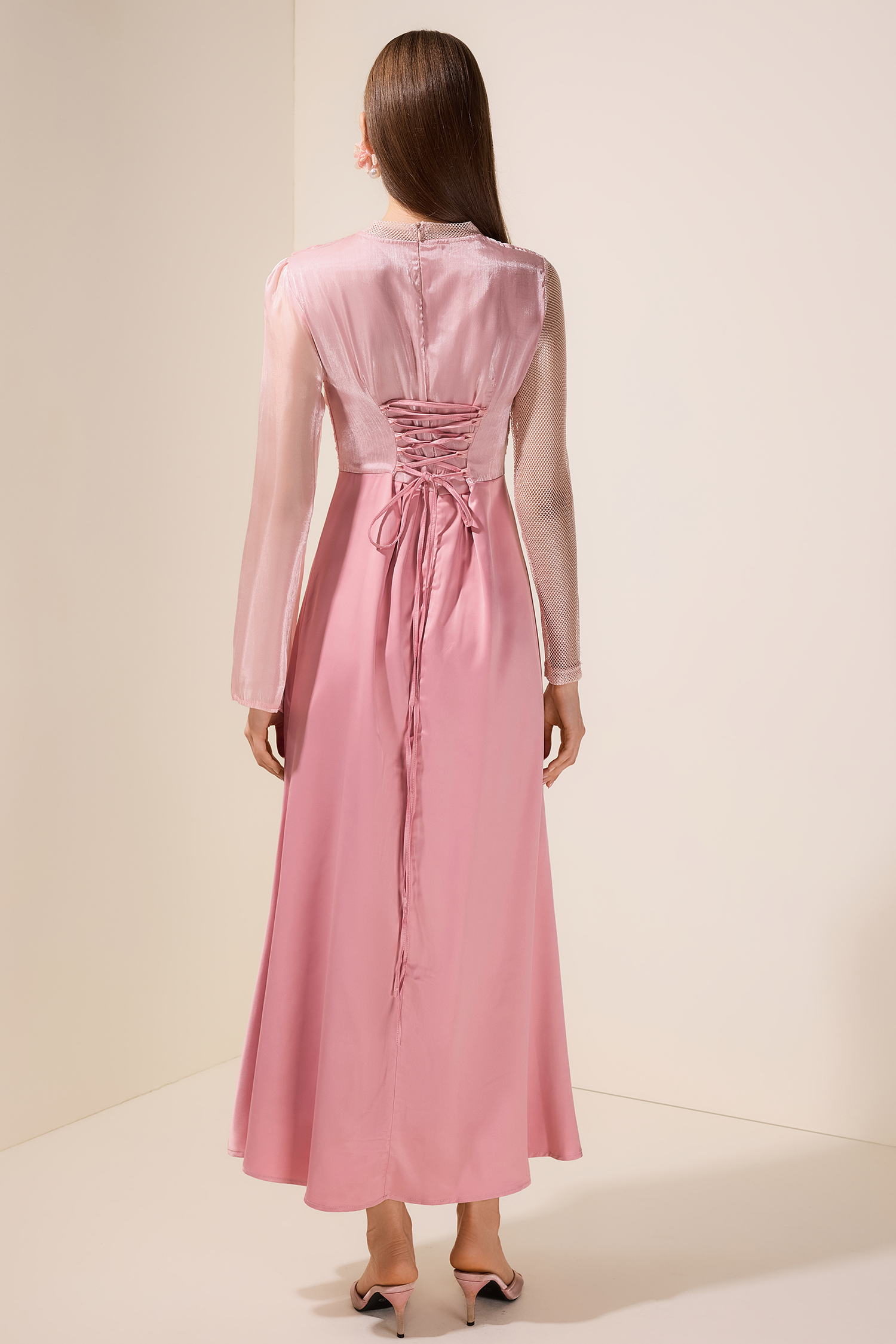 Luxury Splicing Satin Stand Collar Maxi Dress With Belt