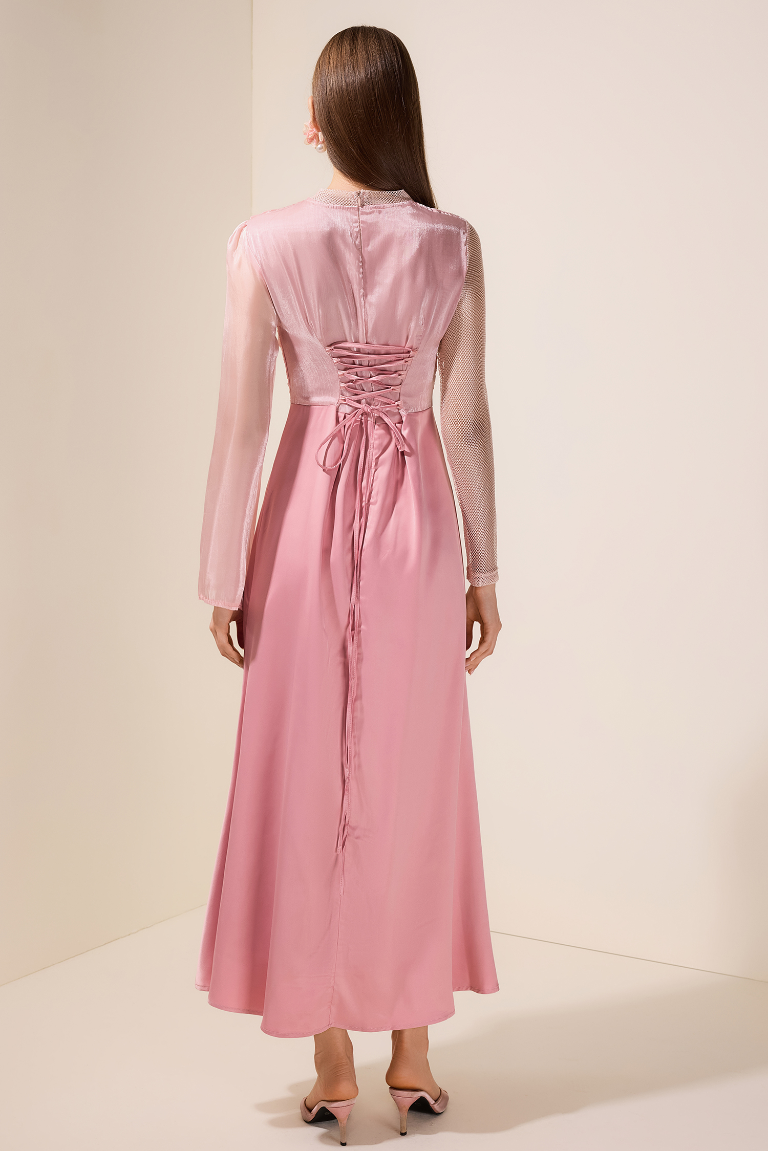 Luxury Splicing Satin Stand Collar Maxi Dress With Belt