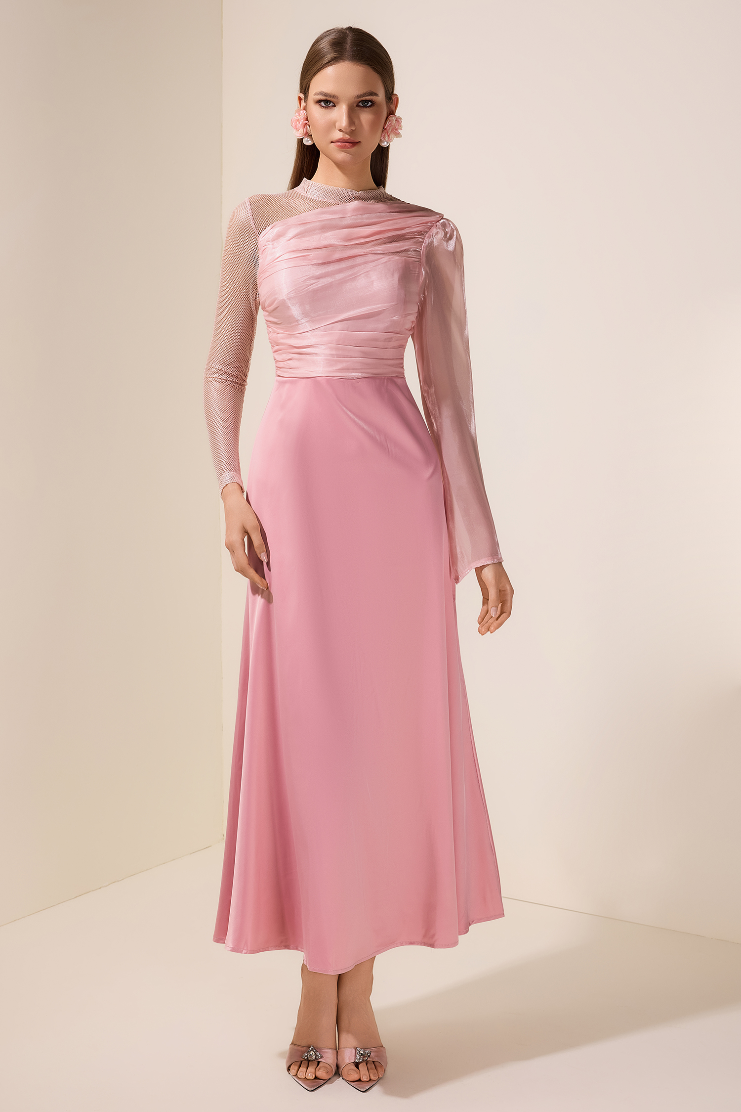 Luxury Splicing Satin Stand Collar Maxi Dress With Belt