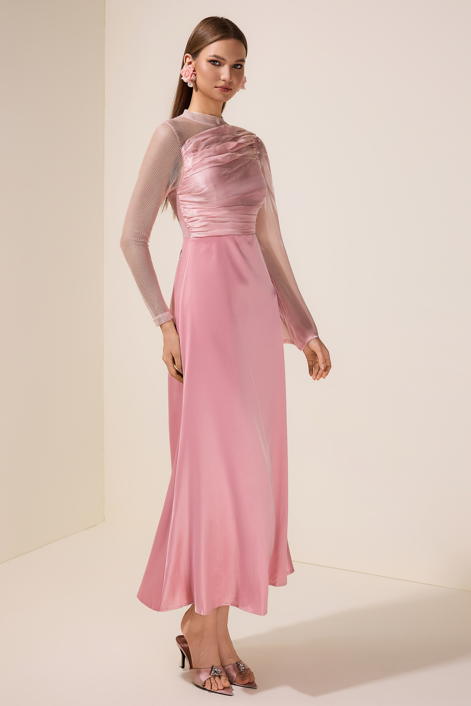 Luxury Splicing Satin Stand Collar Maxi Dress With Belt