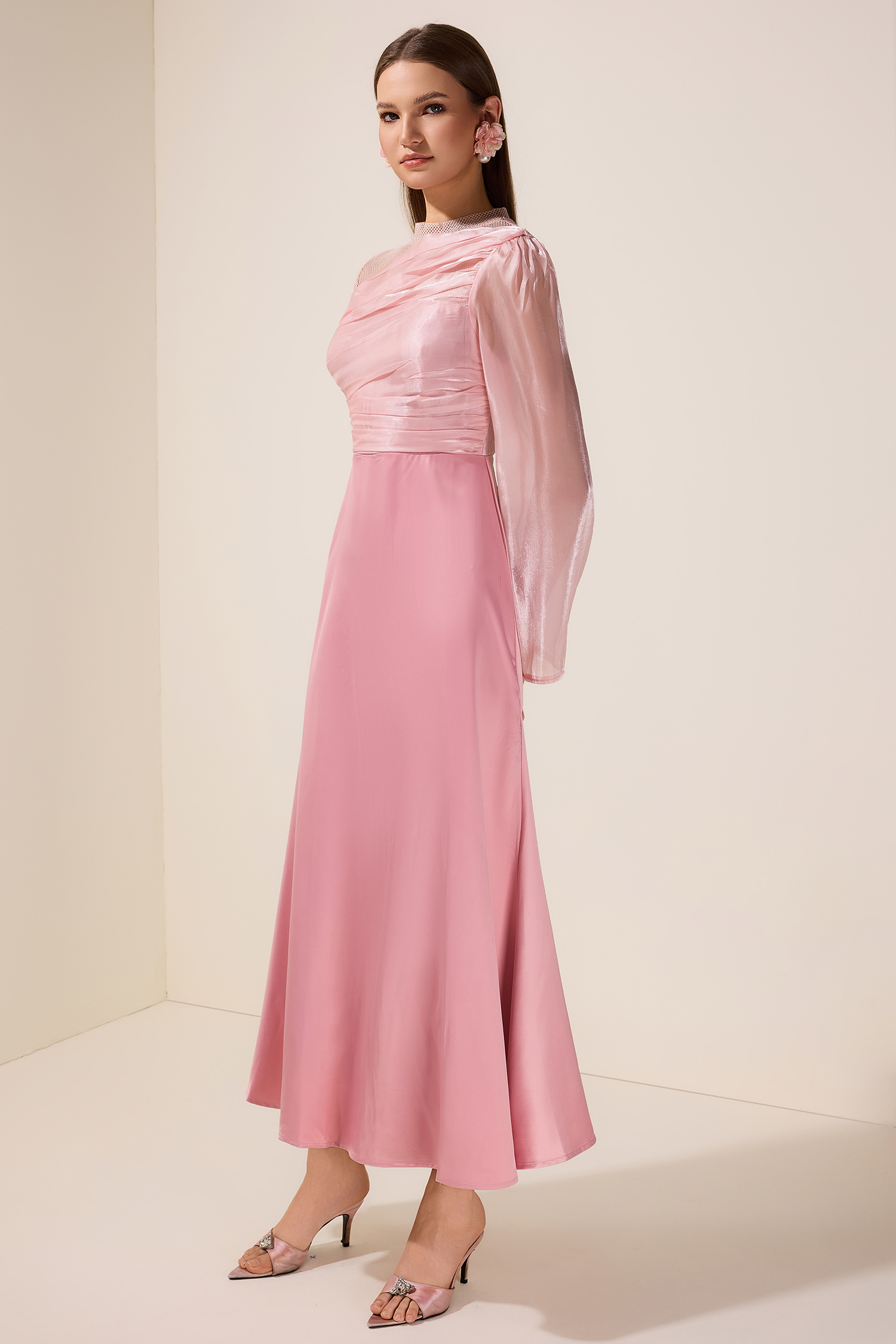 Luxury Splicing Satin Stand Collar Maxi Dress With Belt