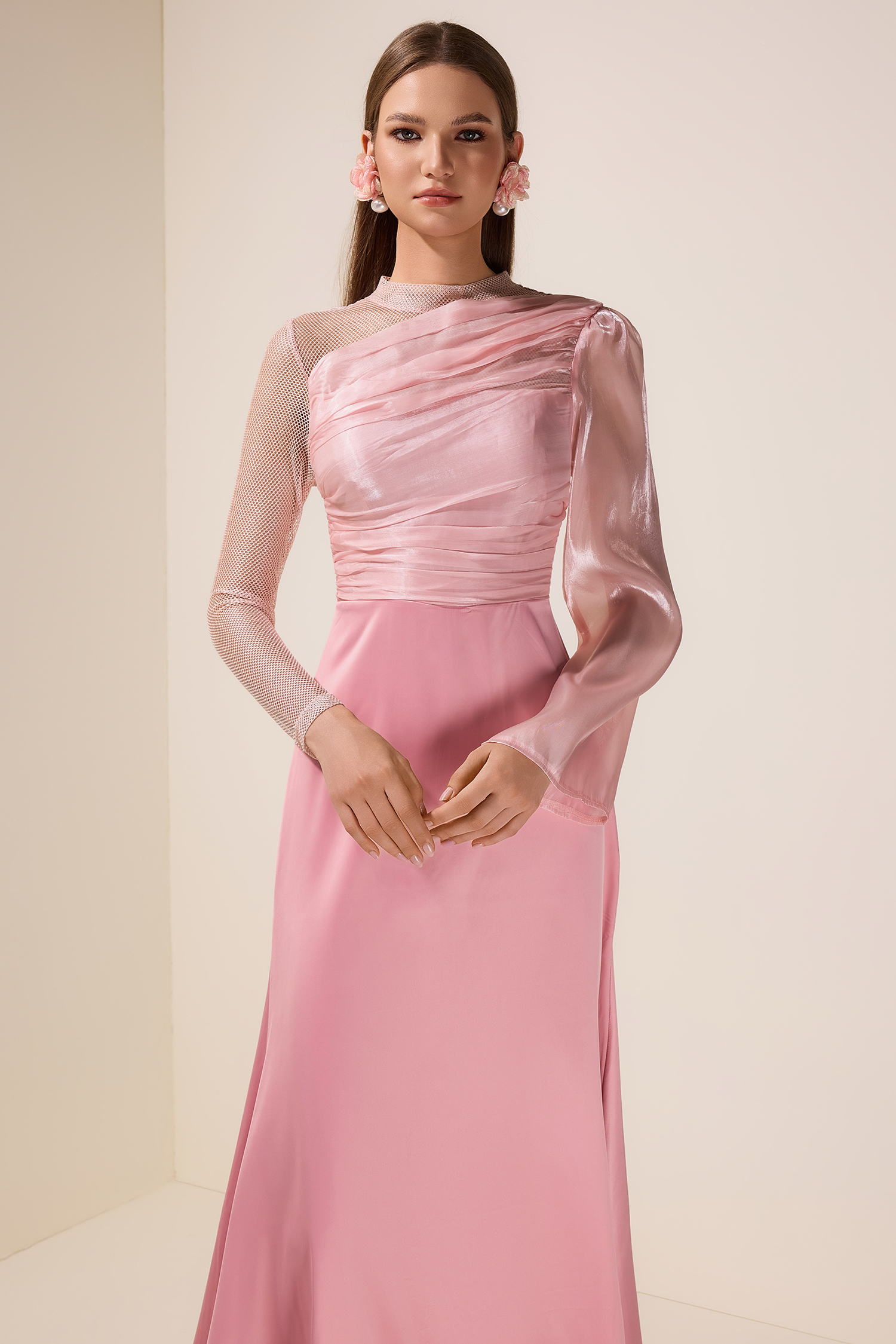 Luxury Splicing Satin Stand Collar Maxi Dress With Belt