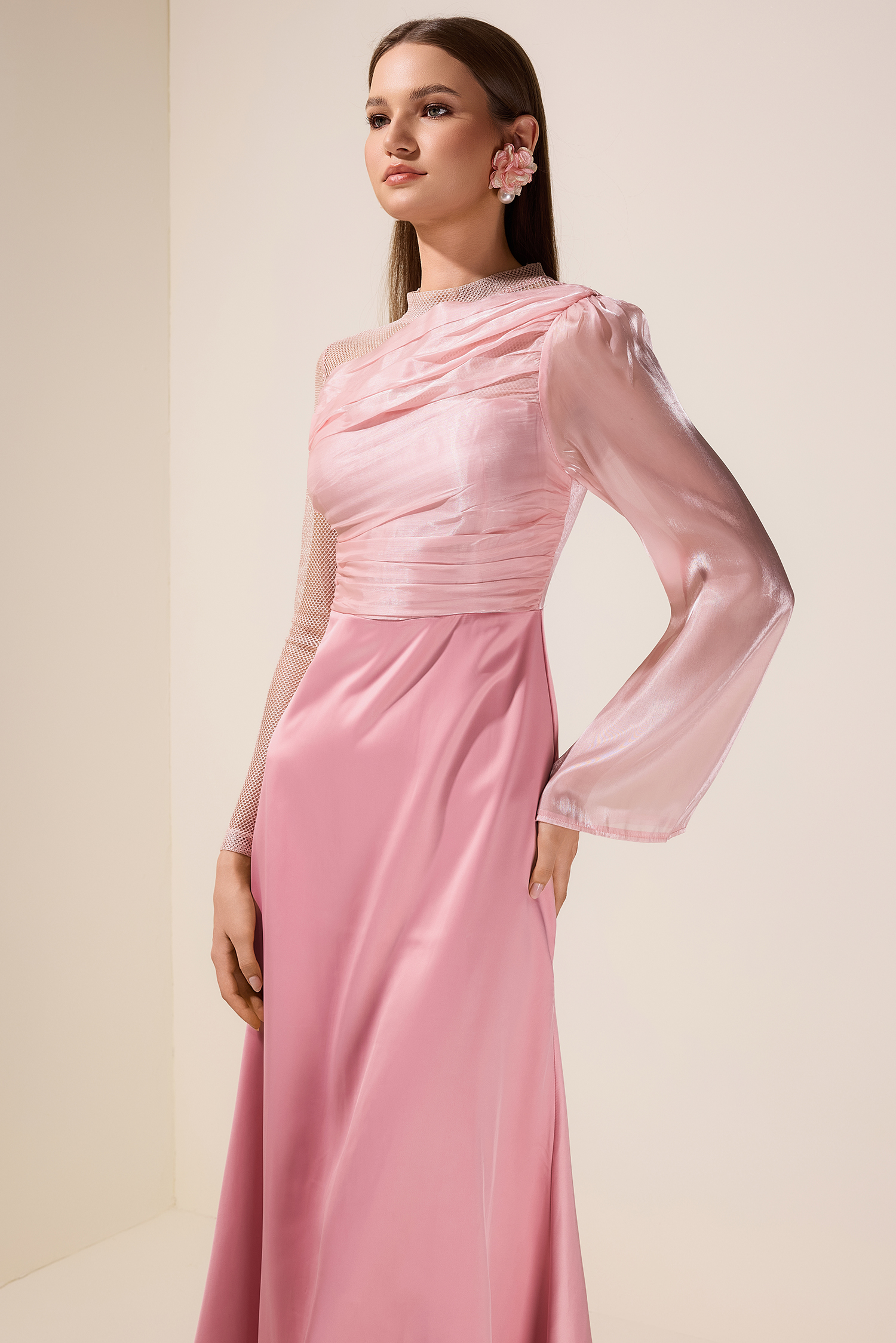 Luxury Splicing Satin Stand Collar Maxi Dress With Belt