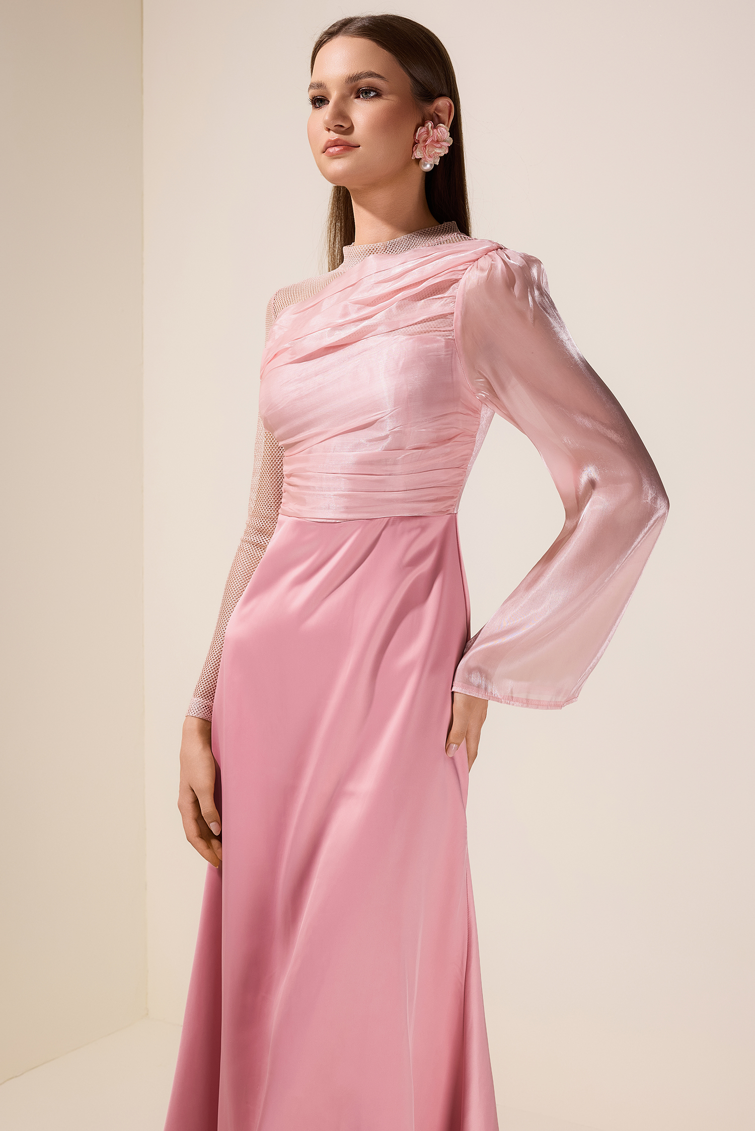 Luxury Splicing Satin Stand Collar Maxi Dress With Belt