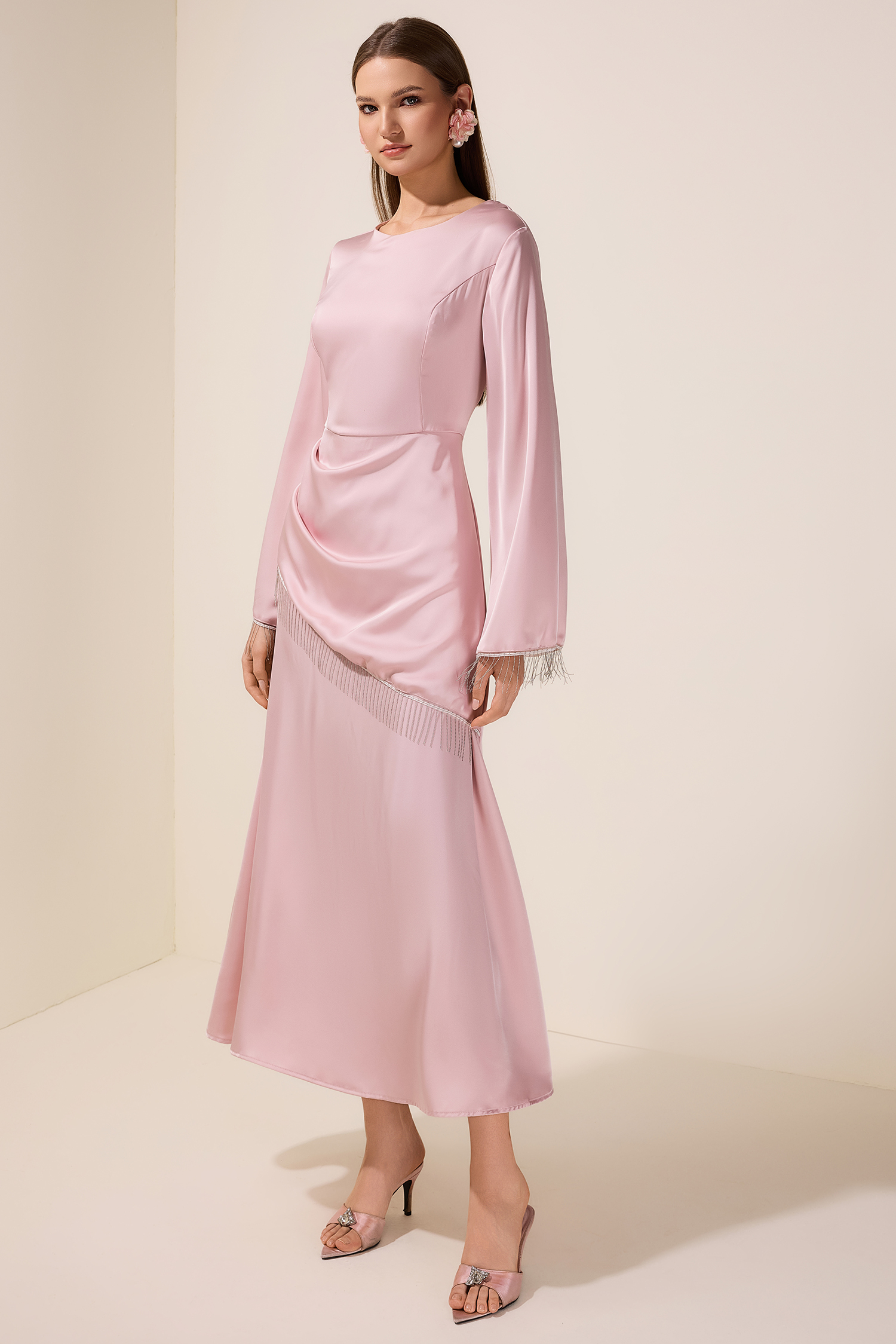 Satin Tassel Round Neck Maxi Dress