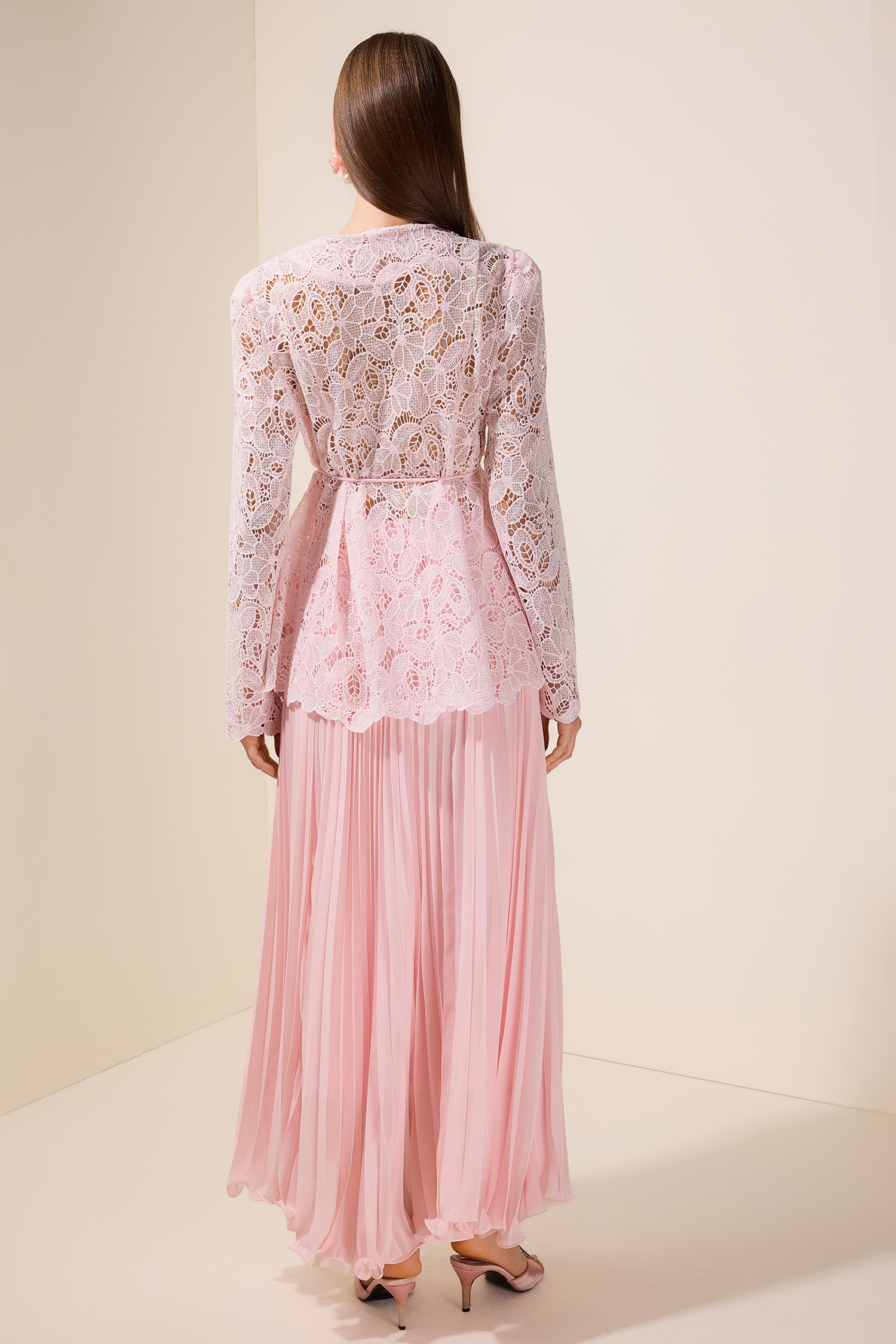 Lace Rhinestone Top With Belt & High Waist Pleated Maxi Skirt Set