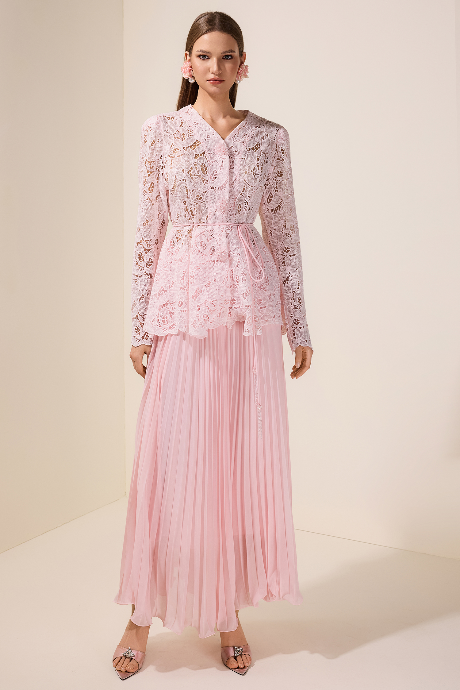 Lace Rhinestone Top With Belt & High Waist Pleated Maxi Skirt Set