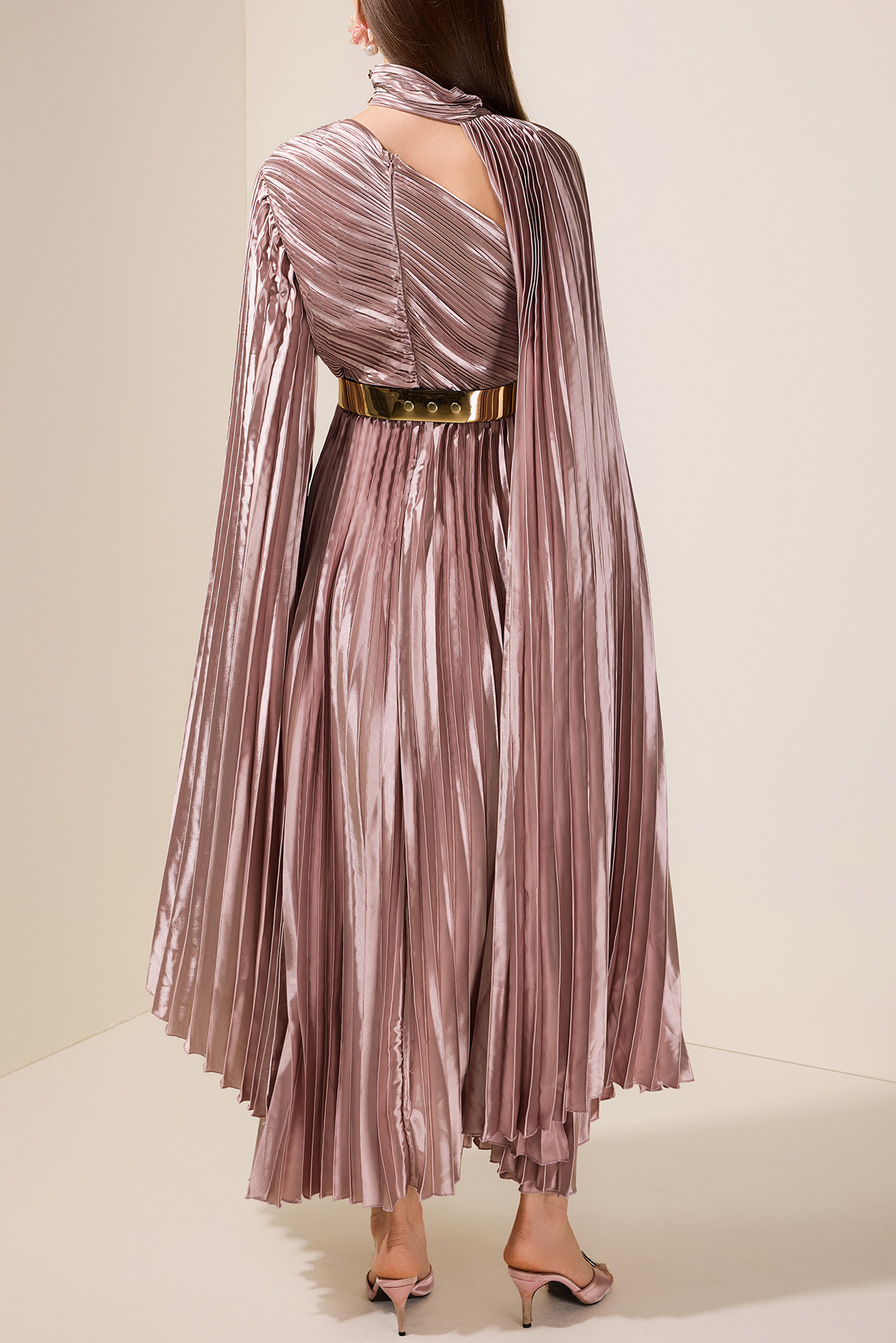 Pleated Cape Sleeve Midi Dress With Belt