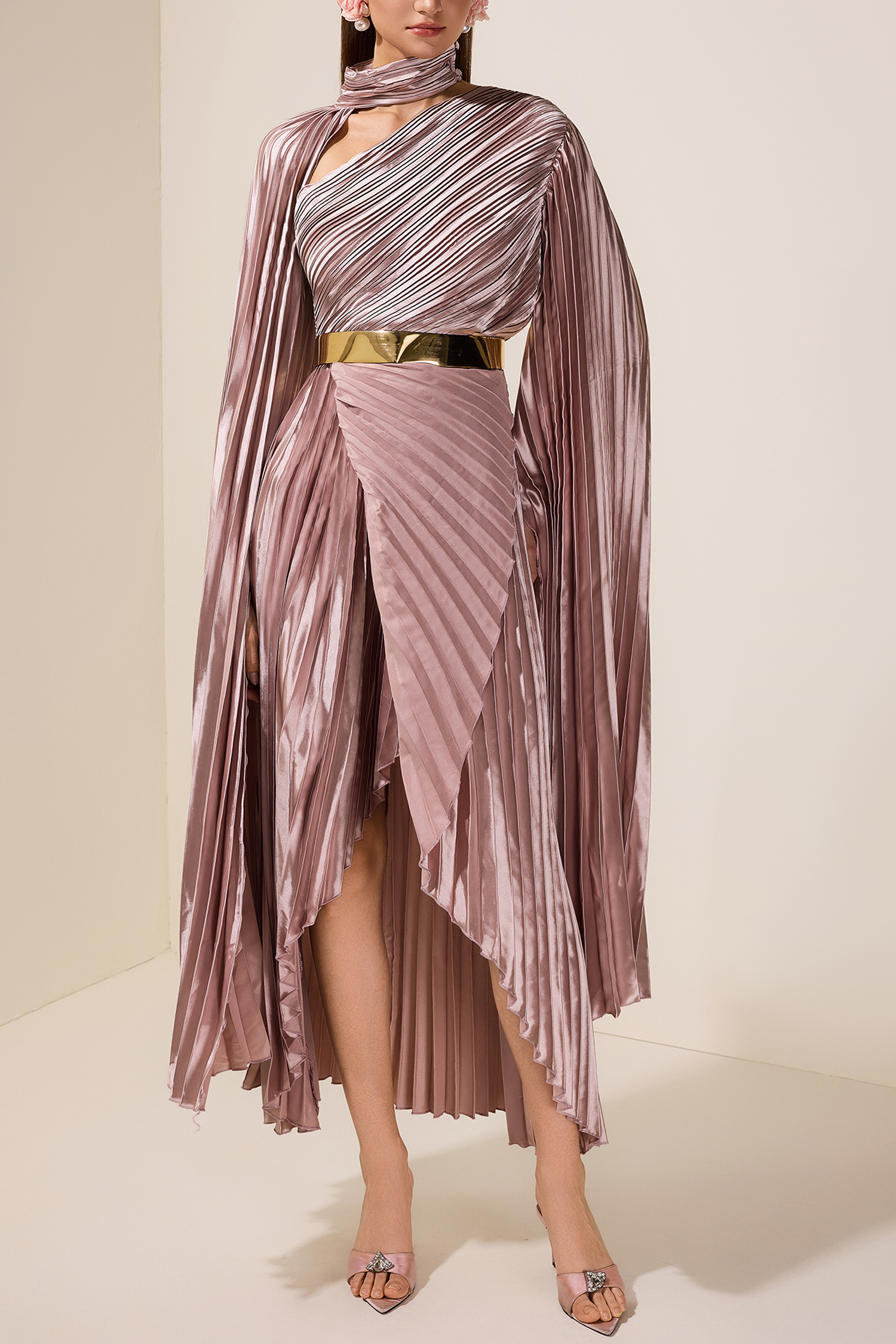 Pleated Cape Sleeve Midi Dress With Belt
