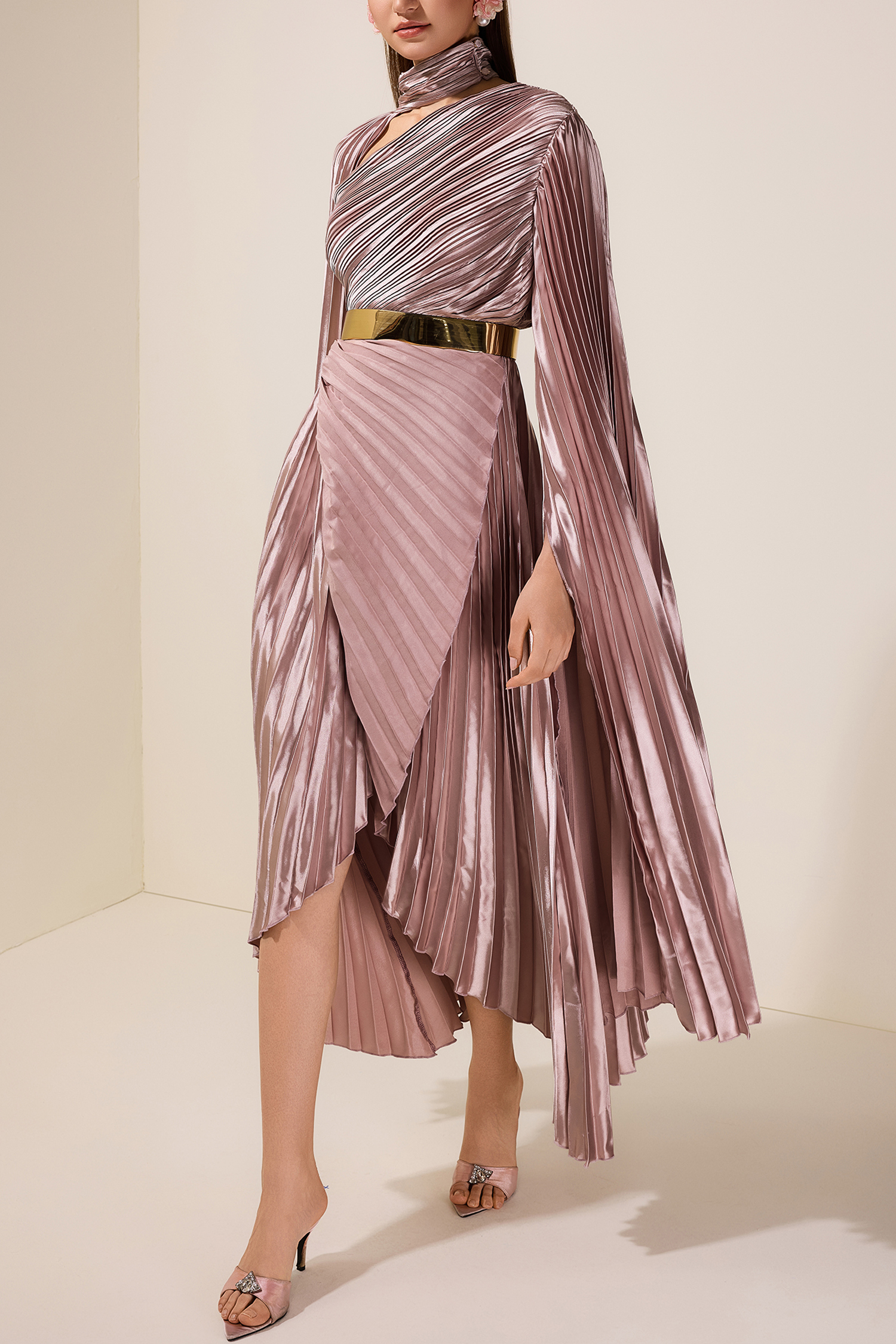 Pleated Cape Sleeve Midi Dress With Belt